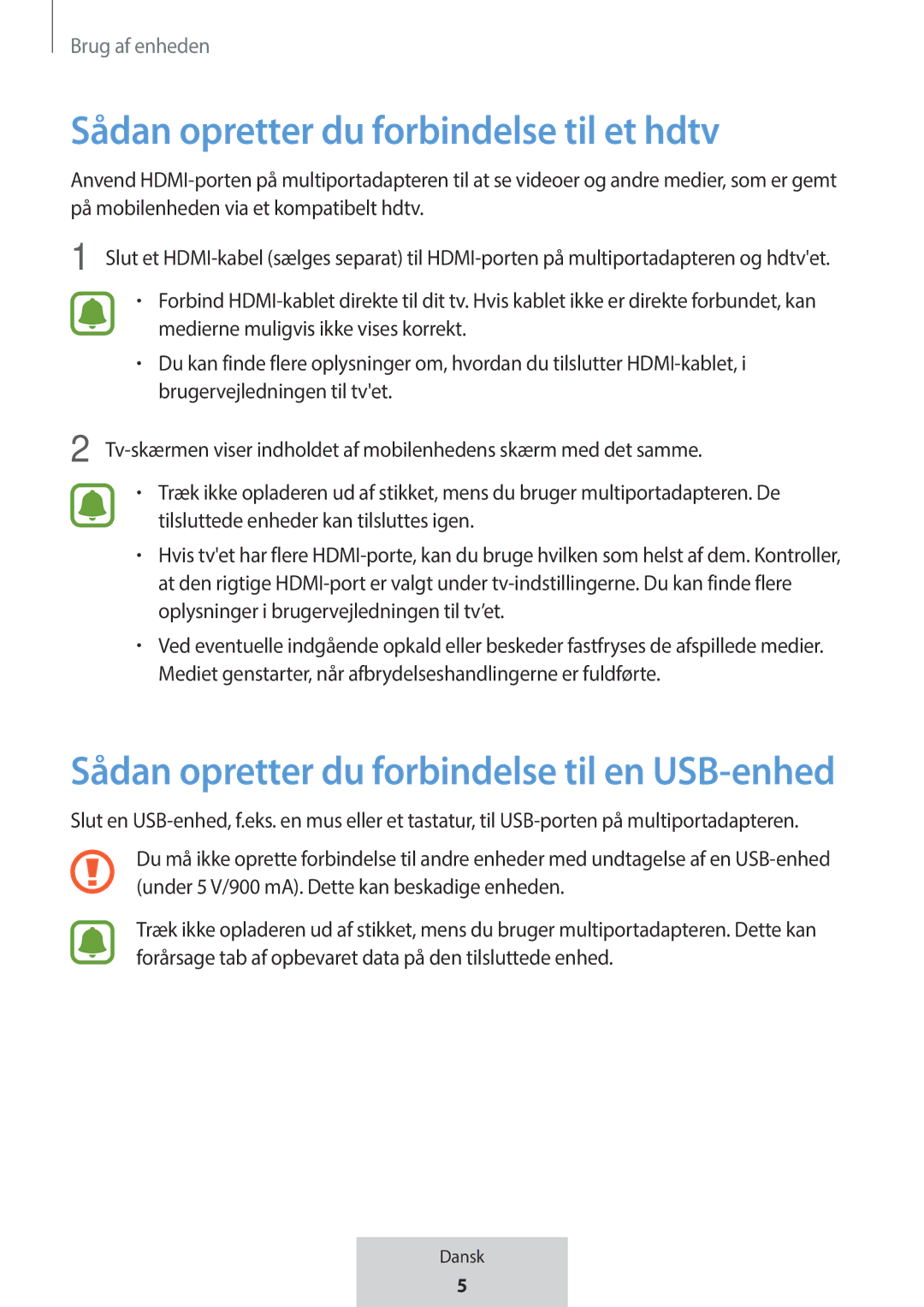 Samsung EE-P5000BBEGWW manual Sådan opretter du forbindelse til et hdtv, Sådan opretter du forbindelse til en USB-enhed 