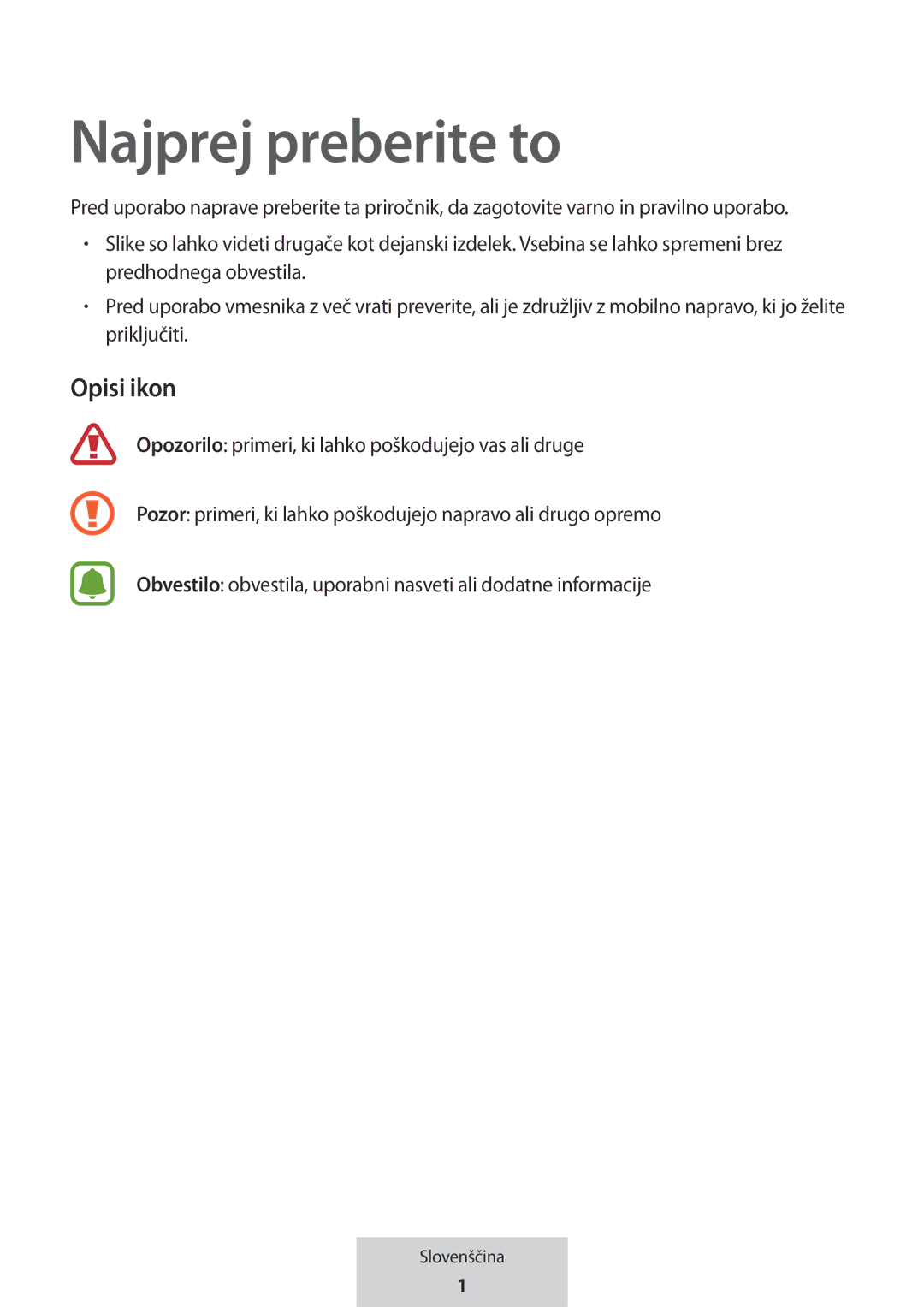 Samsung EE-P5000BBRGRU, EE-P5000BBEGWW manual Najprej preberite to, Opisi ikon 