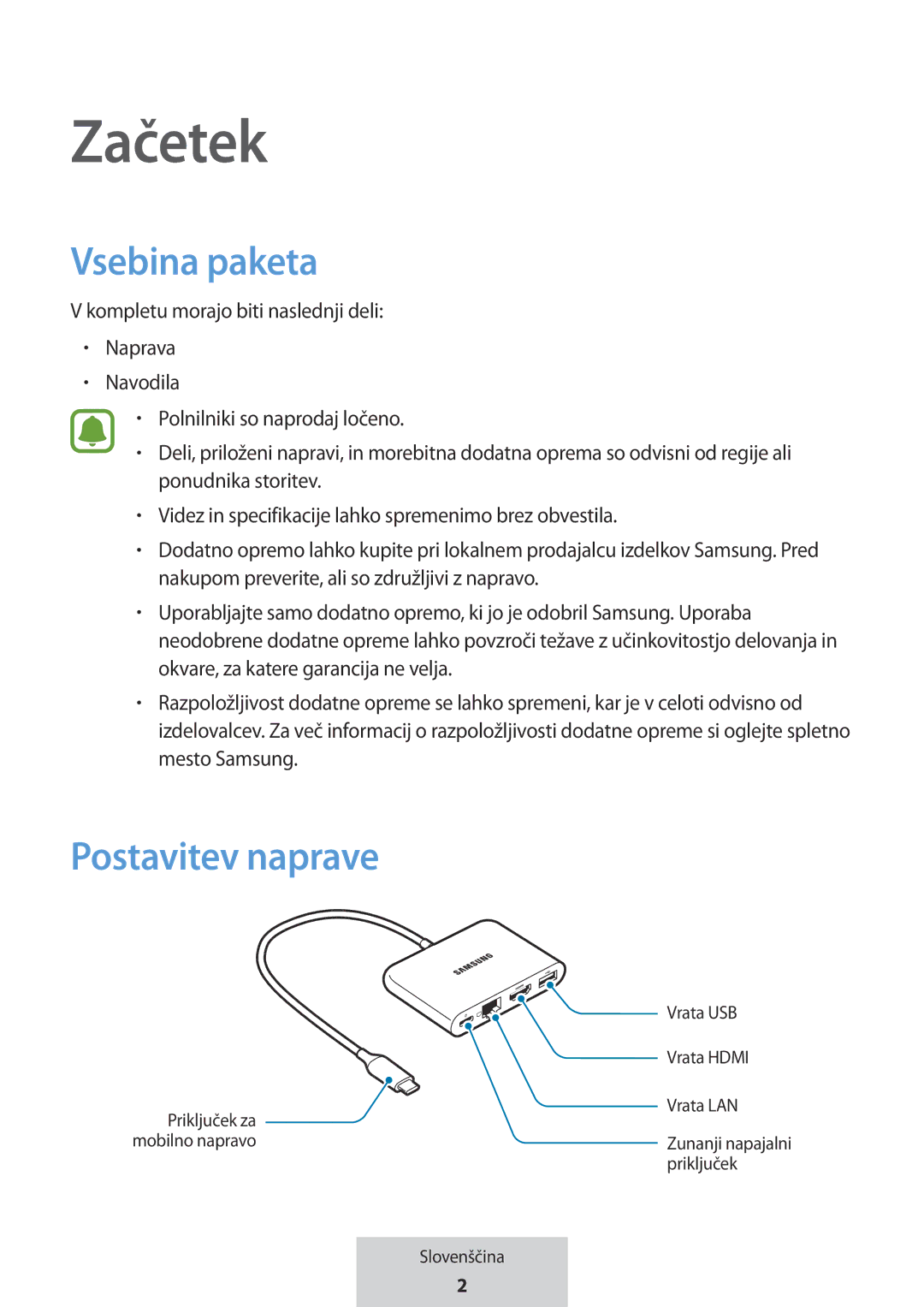 Samsung EE-P5000BBEGWW, EE-P5000BBRGRU manual Začetek, Vsebina paketa, Postavitev naprave 