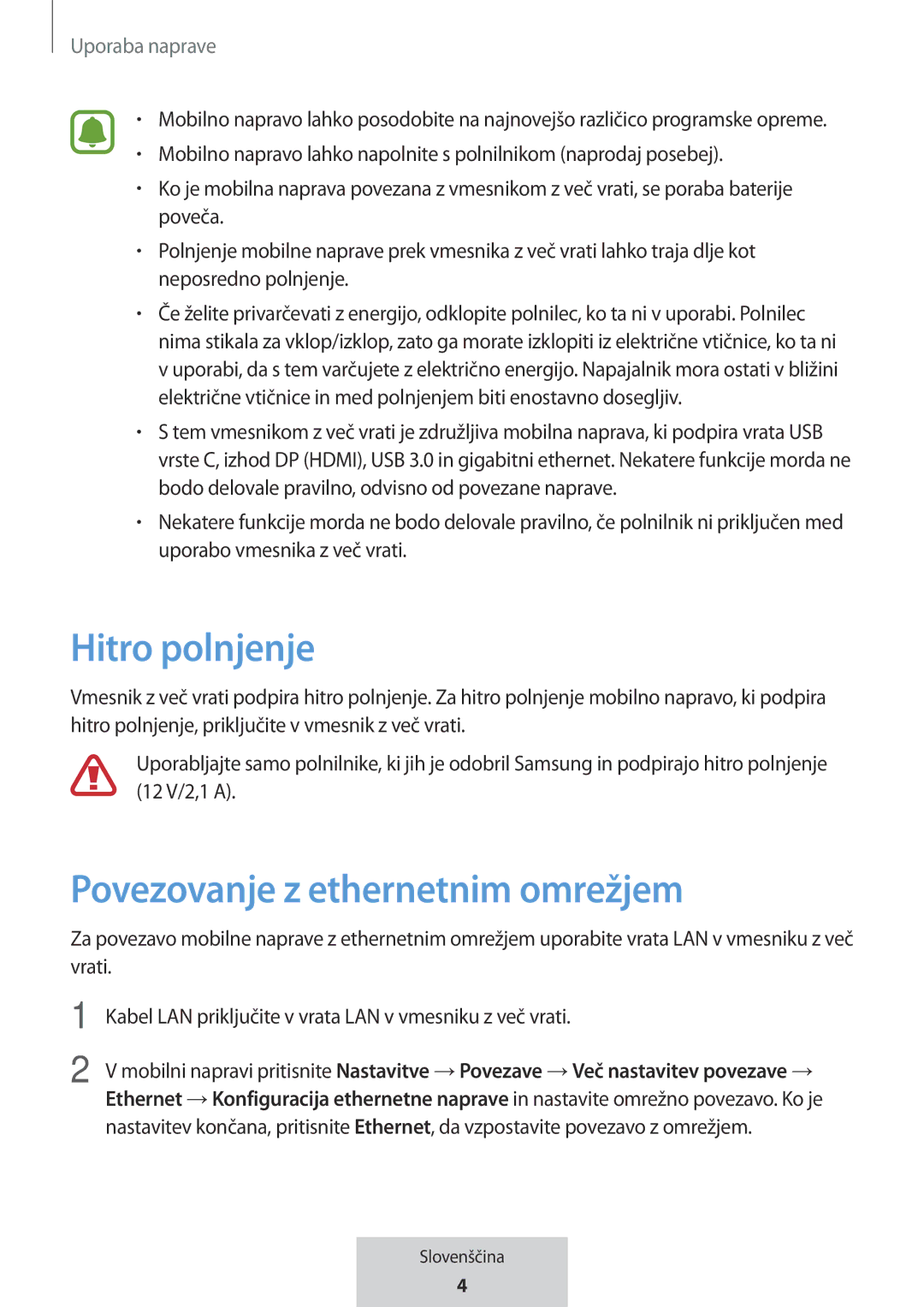 Samsung EE-P5000BBEGWW, EE-P5000BBRGRU manual Hitro polnjenje, Povezovanje z ethernetnim omrežjem, Uporaba naprave 