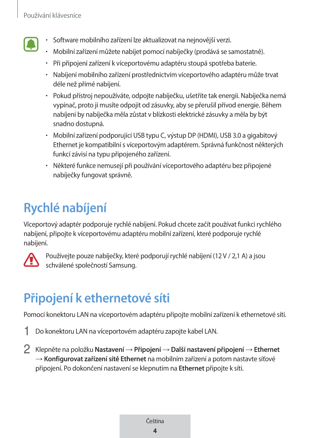 Samsung EE-P5000BBEGWW, EE-P5000BBRGRU manual Rychlé nabíjení, Připojení k ethernetové síti, Používání klávesnice 