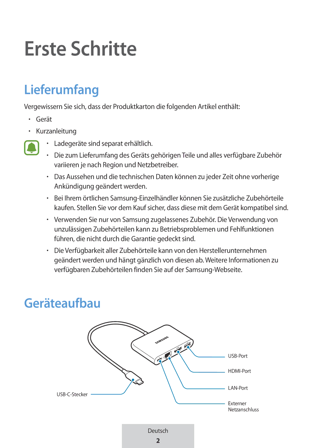 Samsung EE-P5000BBEGWW, EE-P5000BBRGRU manual Erste Schritte, Lieferumfang, Geräteaufbau 