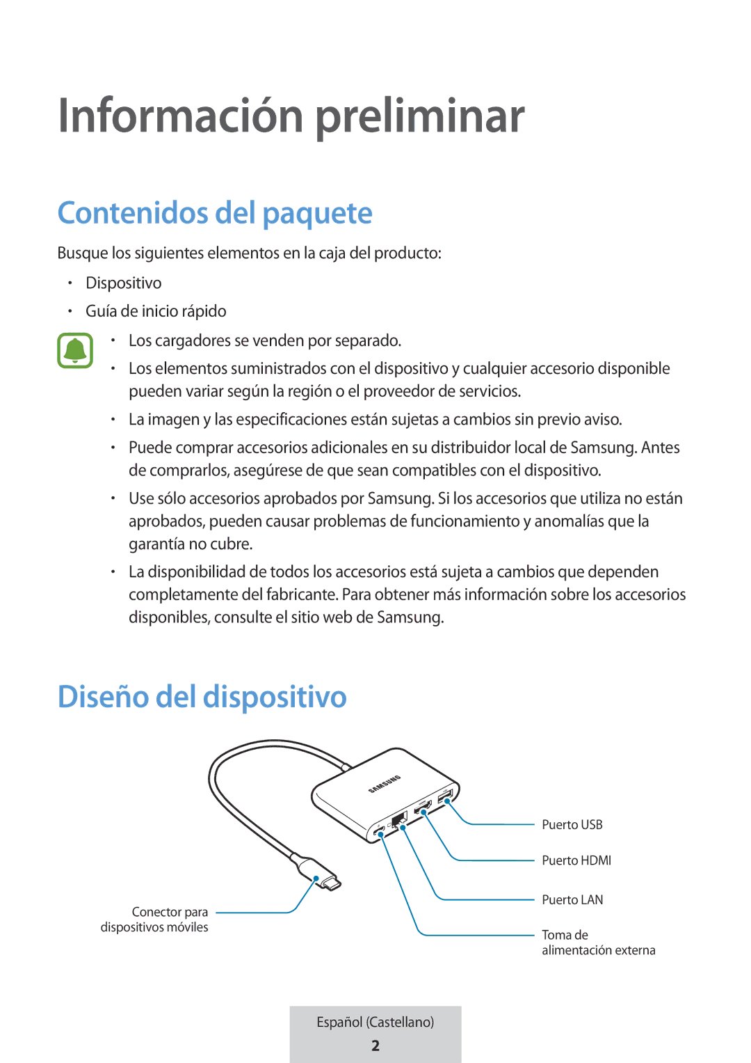 Samsung EE-P5000BBRGRU, EE-P5000BBEGWW manual Información preliminar, Contenidos del paquete 