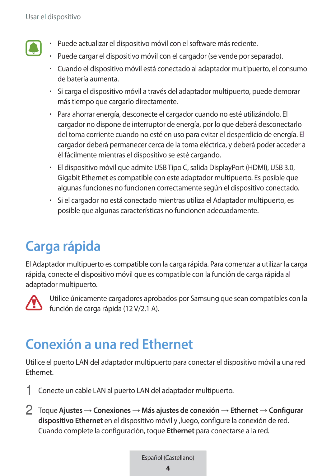 Samsung EE-P5000BBRGRU, EE-P5000BBEGWW manual Carga rápida, Usar el dispositivo 