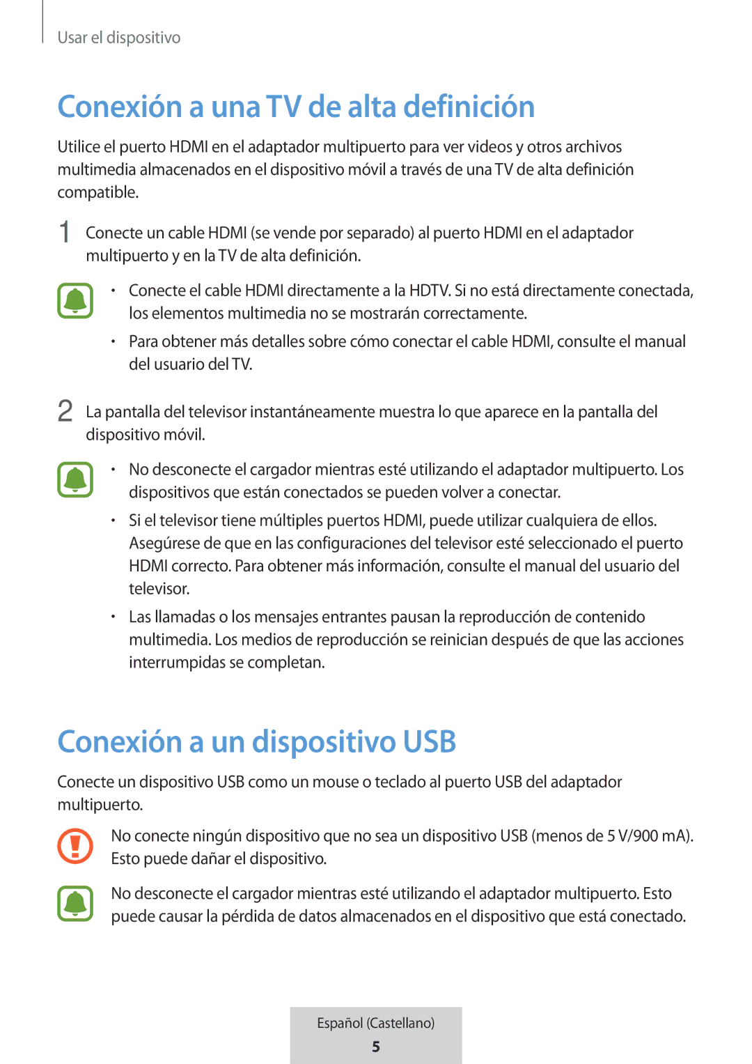 Samsung EE-P5000BBEGWW, EE-P5000BBRGRU manual Conexión a una TV de alta definición, Conexión a un dispositivo USB 