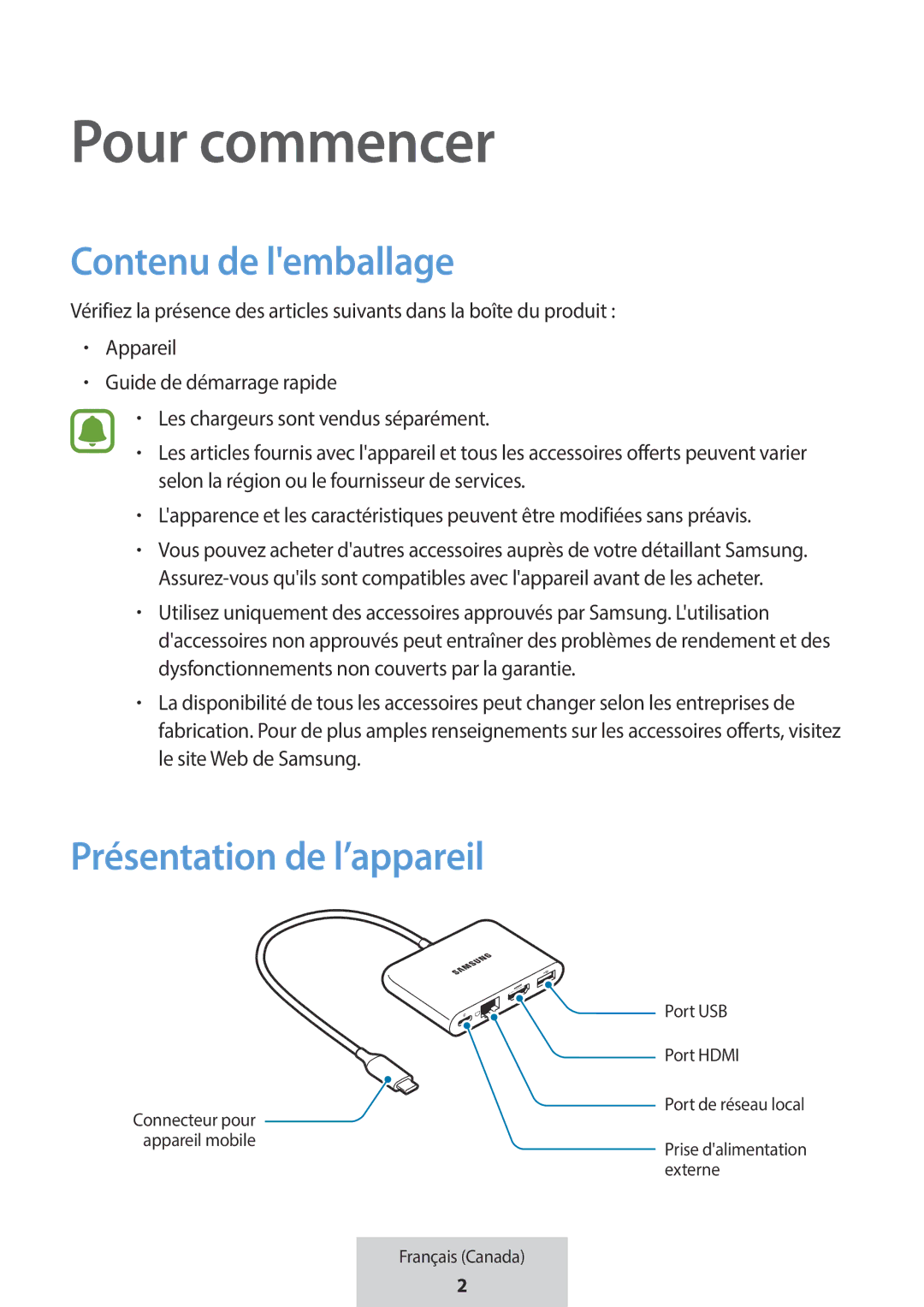 Samsung EE-P5000BBRGRU, EE-P5000BBEGWW manual Pour commencer, Contenu de lemballage, Présentation de l’appareil 