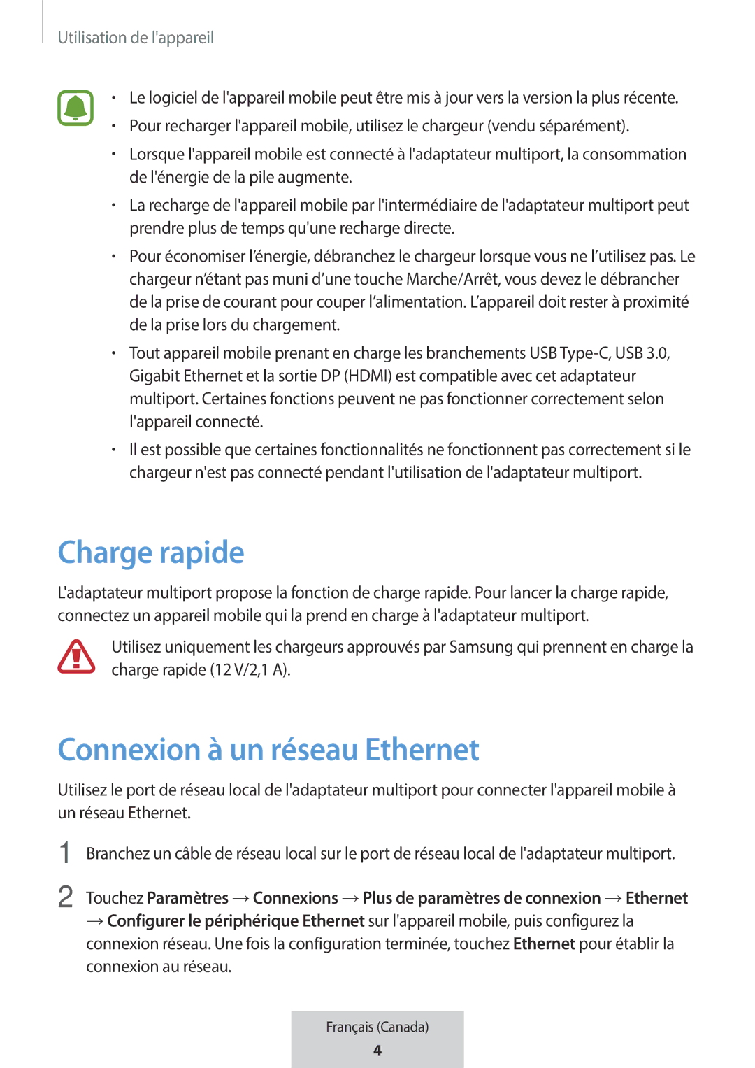 Samsung EE-P5000BBRGRU, EE-P5000BBEGWW manual Charge rapide, Utilisation de lappareil 