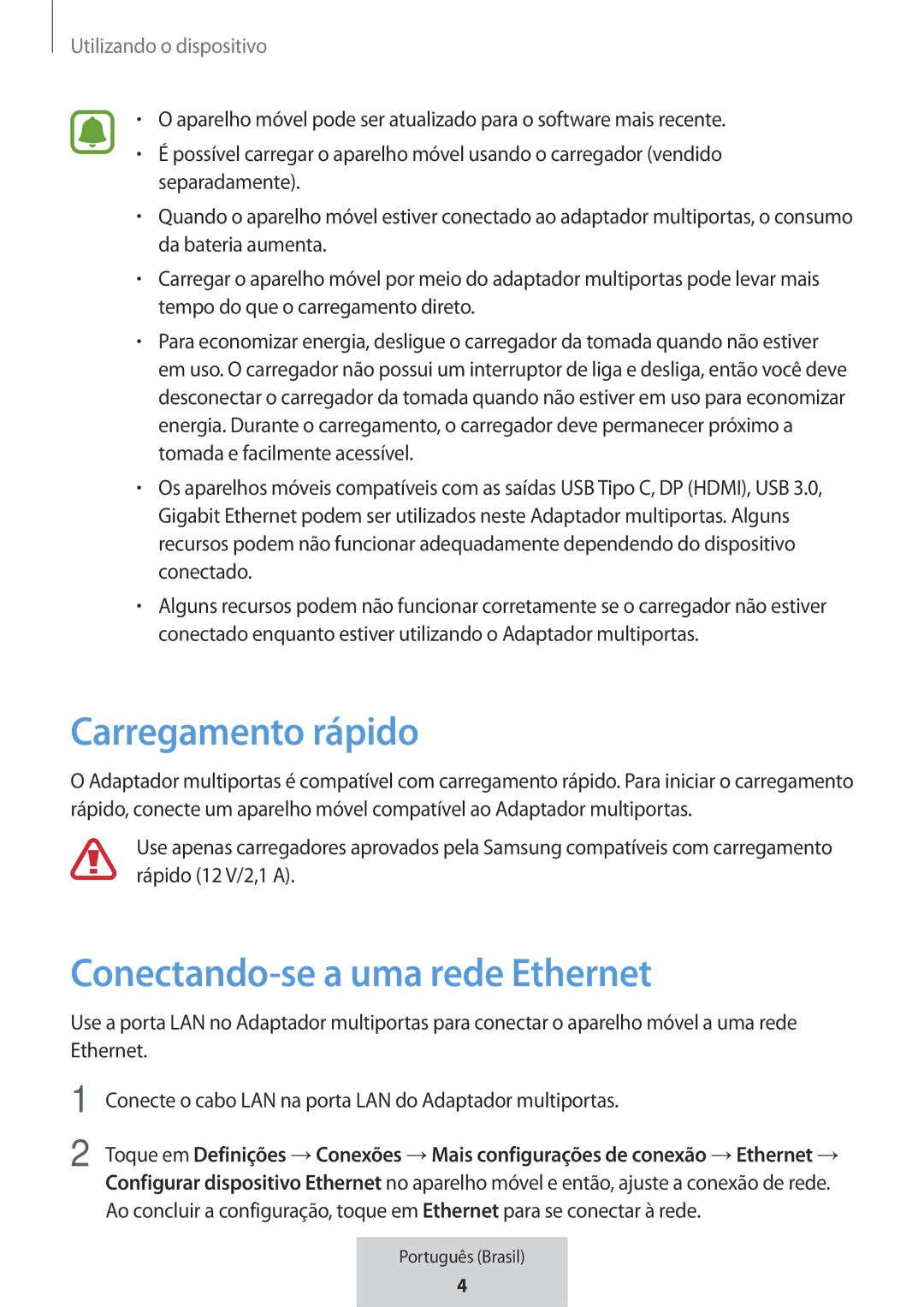 Samsung EE-P5000BBEGWW, EE-P5000BBRGRU manual Conectando-se a uma rede Ethernet, Utilizando o dispositivo 