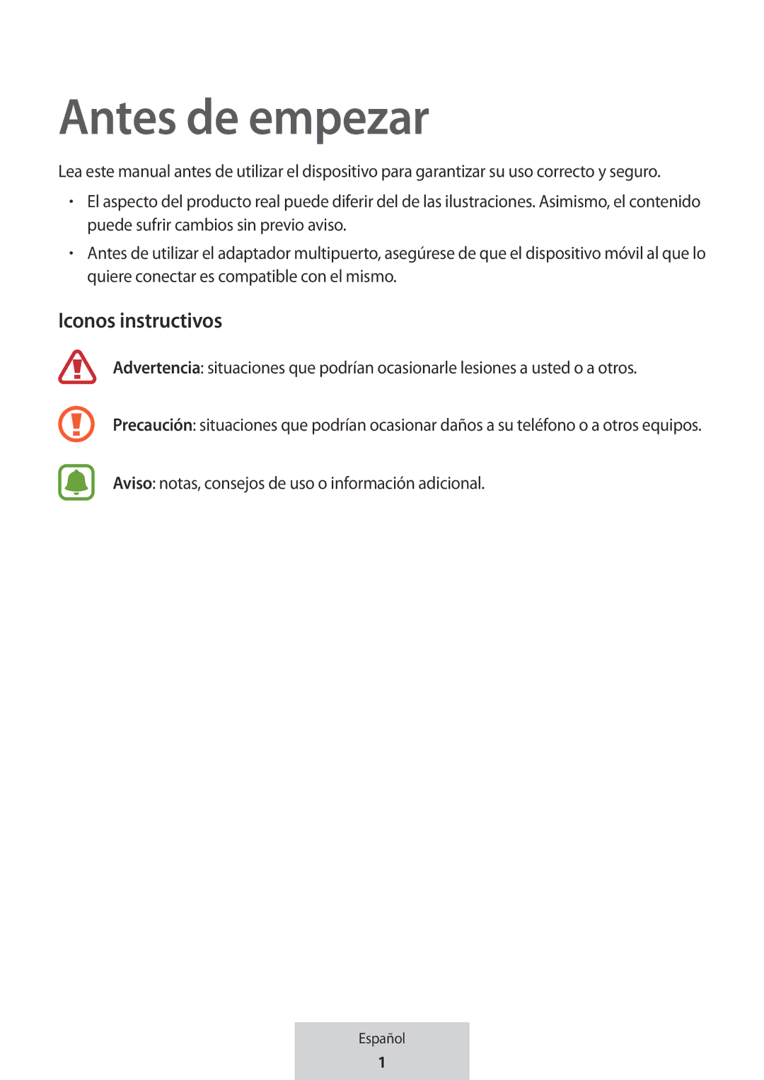 Samsung EE-P5000BBEGWW, EE-P5000BBRGRU manual Antes de empezar, Iconos instructivos 