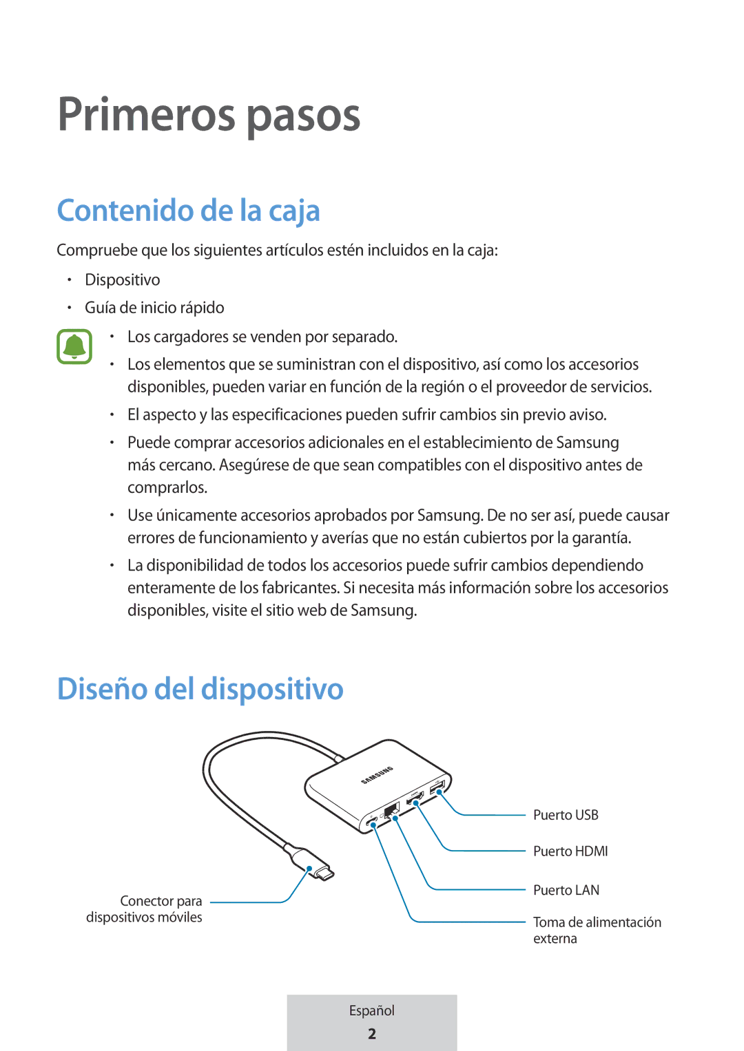 Samsung EE-P5000BBRGRU, EE-P5000BBEGWW manual Primeros pasos, Contenido de la caja, Diseño del dispositivo 