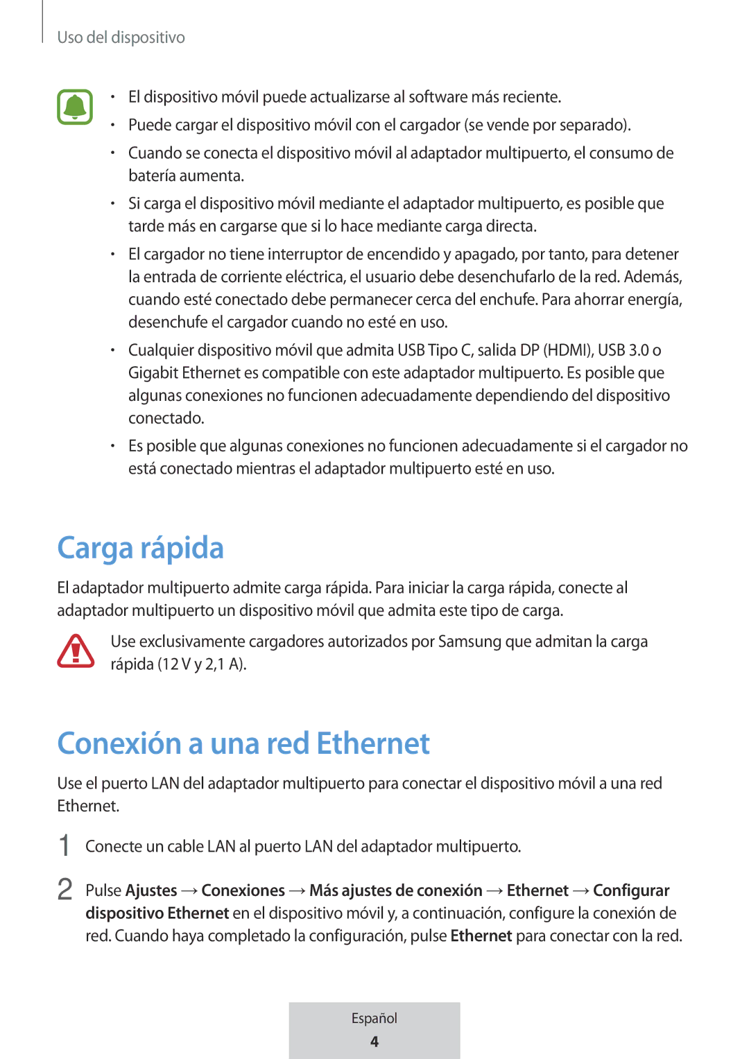 Samsung EE-P5000BBRGRU, EE-P5000BBEGWW manual Carga rápida, Conexión a una red Ethernet, Uso del dispositivo 