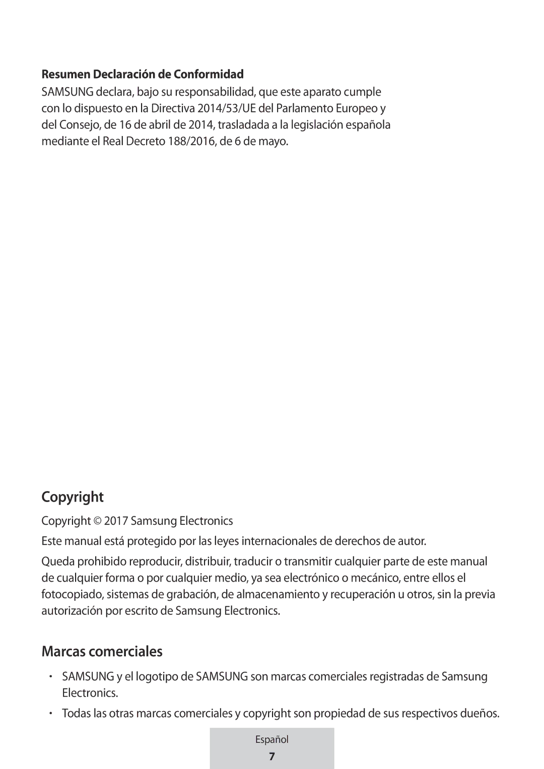 Samsung EE-P5000BBEGWW, EE-P5000BBRGRU manual Marcas comerciales, Resumen Declaración de Conformidad 