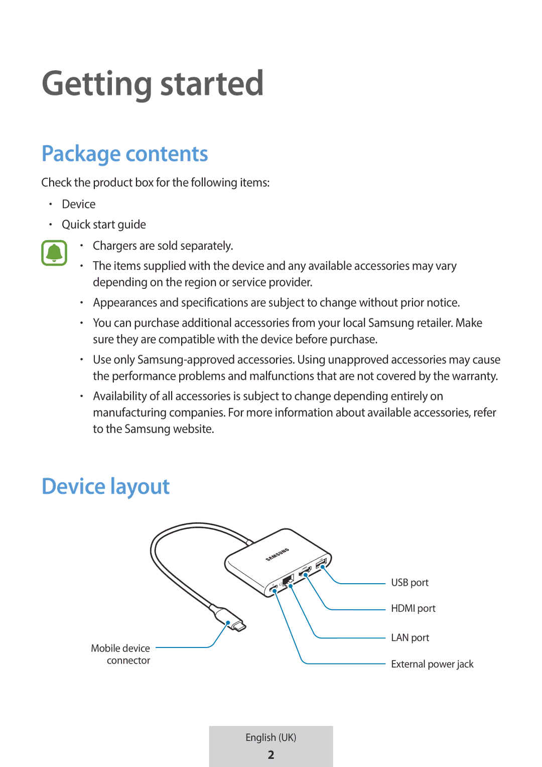 Samsung EE-P5000BBEGWW, EE-P5000BBRGRU manual Getting started, Package contents, Device layout 