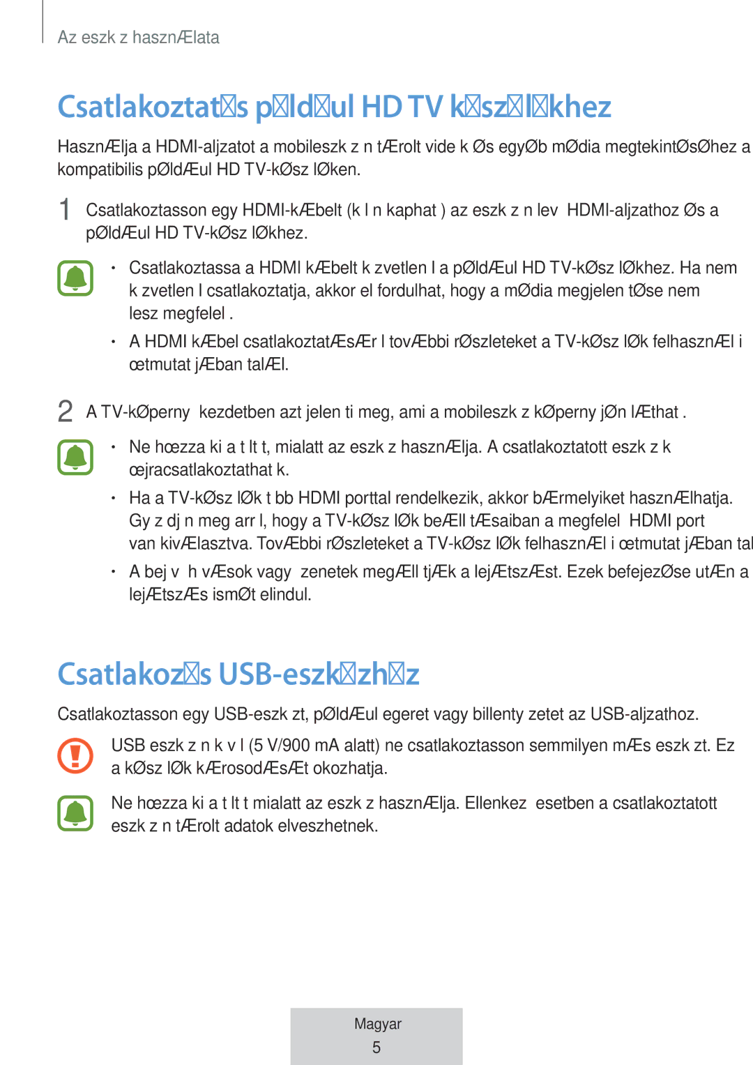 Samsung EE-P5000BBRGRU, EE-P5000BBEGWW manual Csatlakoztatás például HD TV készülékhez, Csatlakozás USB-eszközhöz 