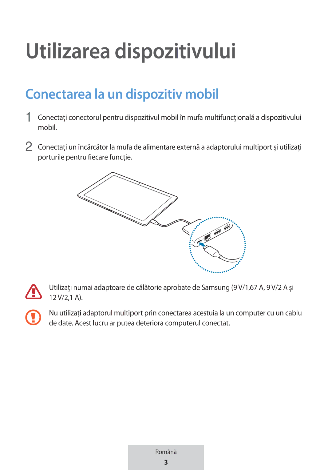 Samsung EE-P5000BBEGWW, EE-P5000BBRGRU manual Utilizarea dispozitivului, Conectarea la un dispozitiv mobil 