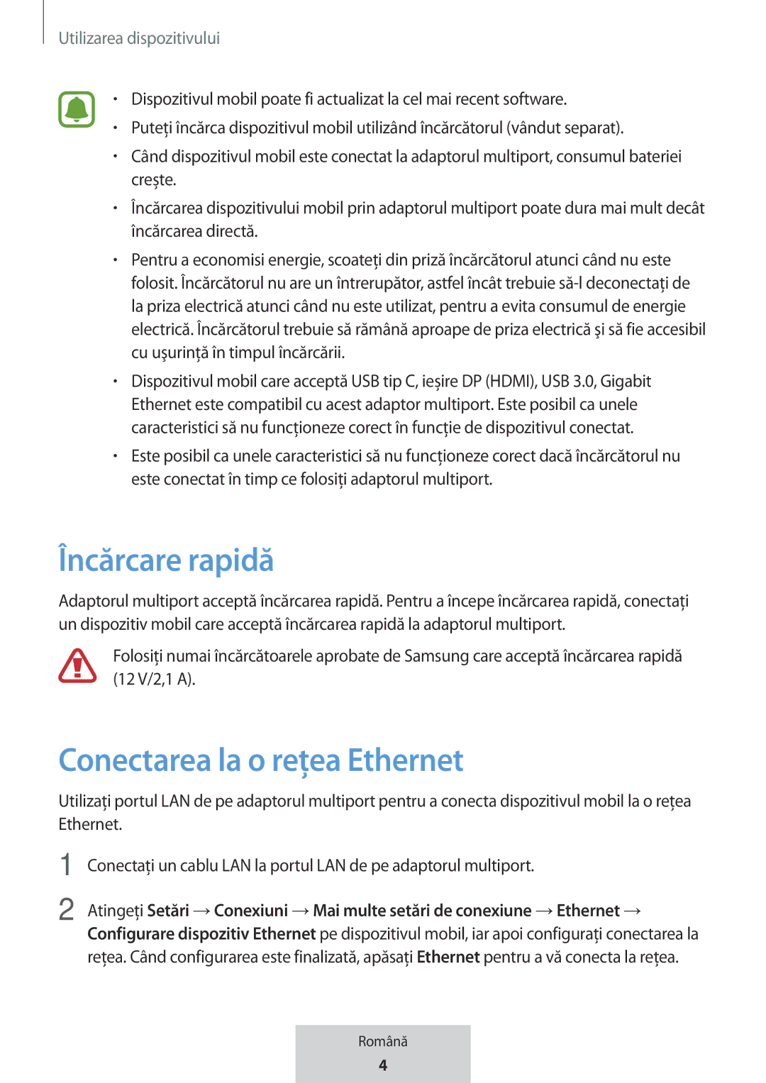 Samsung EE-P5000BBRGRU, EE-P5000BBEGWW manual Încărcare rapidă, Conectarea la o rețea Ethernet, Utilizarea dispozitivului 