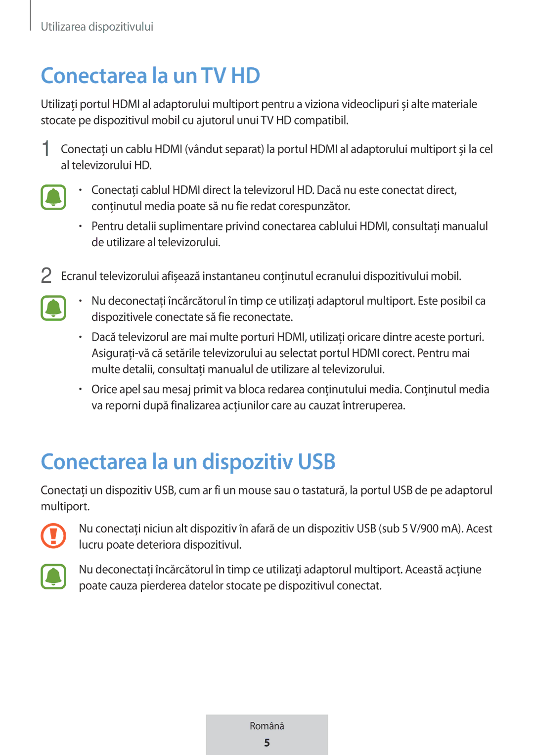 Samsung EE-P5000BBEGWW, EE-P5000BBRGRU manual Conectarea la un TV HD, Conectarea la un dispozitiv USB 