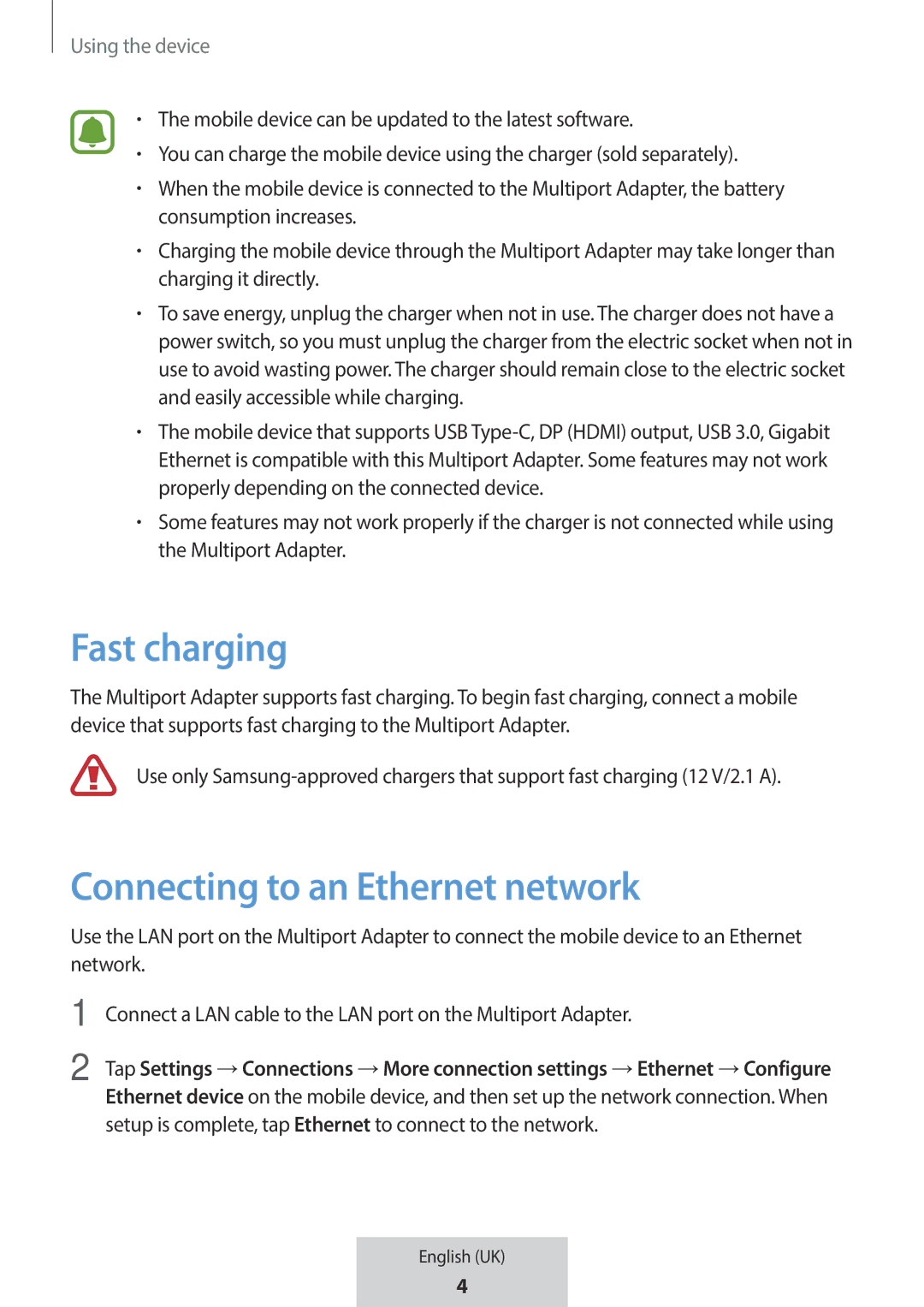 Samsung EE-P5000BBEGWW, EE-P5000BBRGRU manual Fast charging, Connecting to an Ethernet network, Using the device 