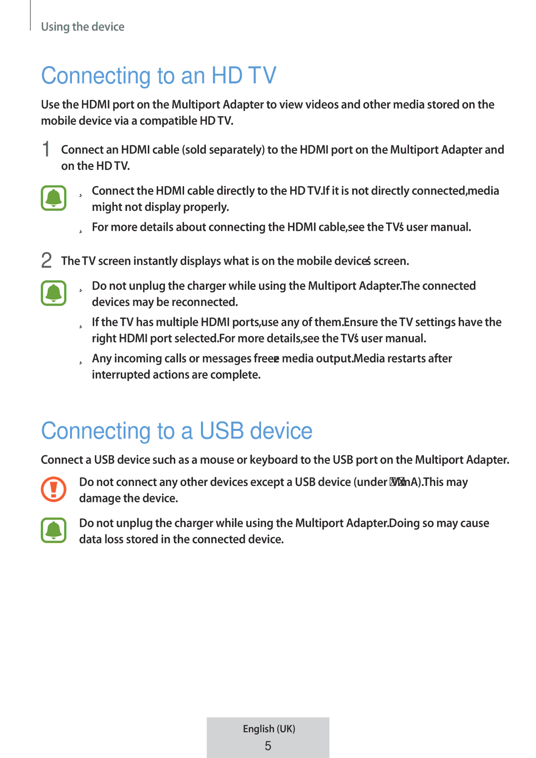 Samsung EE-P5000BBRGRU, EE-P5000BBEGWW manual Connecting to an HD TV, Connecting to a USB device 