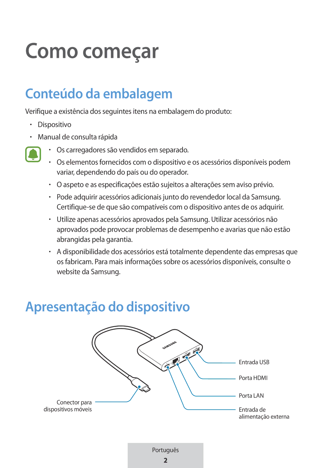 Samsung EE-P5000BBRGRU, EE-P5000BBEGWW manual Como começar, Conteúdo da embalagem, Apresentação do dispositivo 