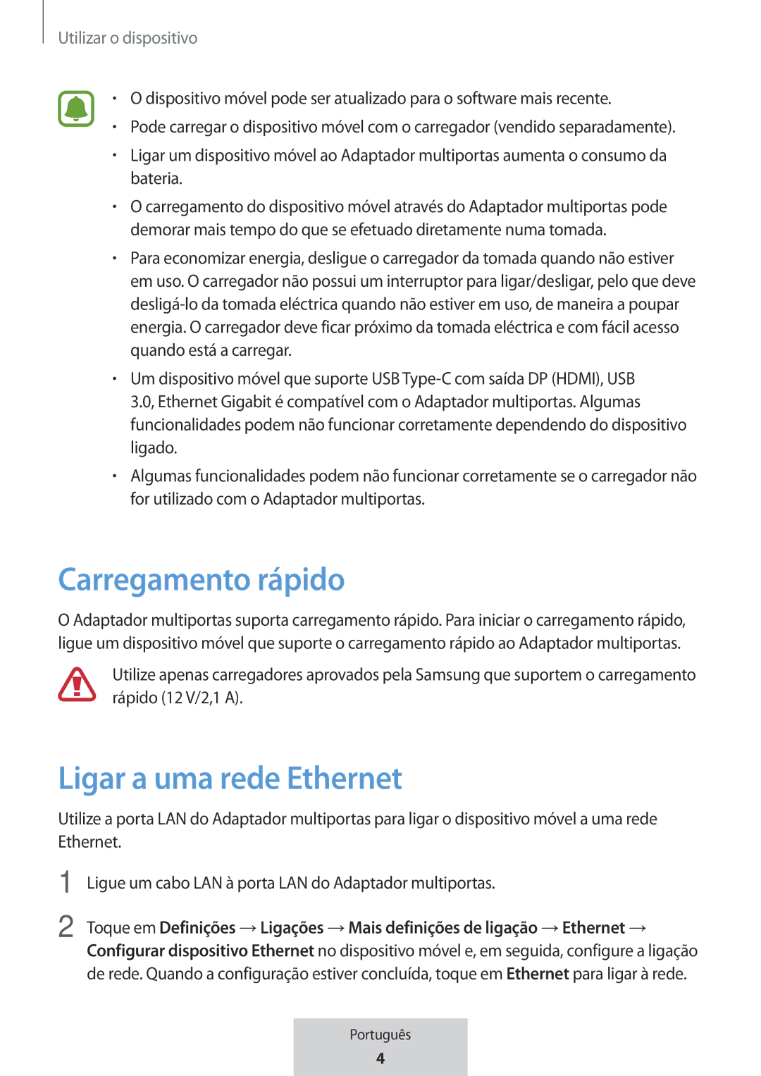 Samsung EE-P5000BBRGRU, EE-P5000BBEGWW manual Carregamento rápido, Ligar a uma rede Ethernet, Utilizar o dispositivo 