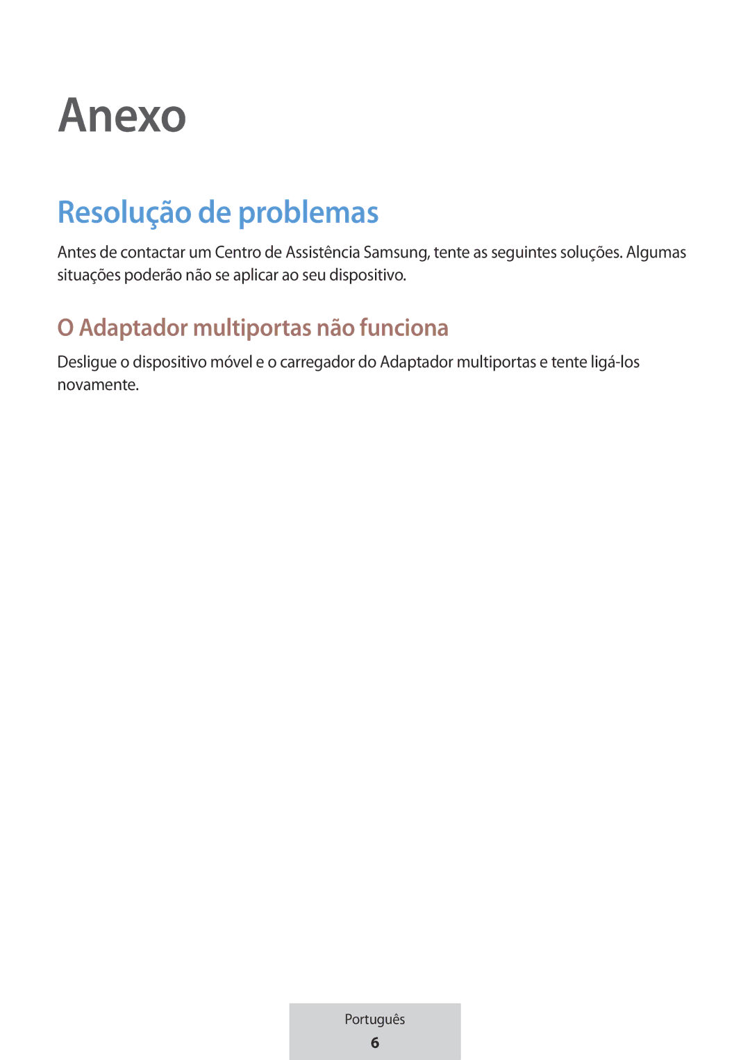 Samsung EE-P5000BBRGRU, EE-P5000BBEGWW manual Anexo, Resolução de problemas, Adaptador multiportas não funciona 