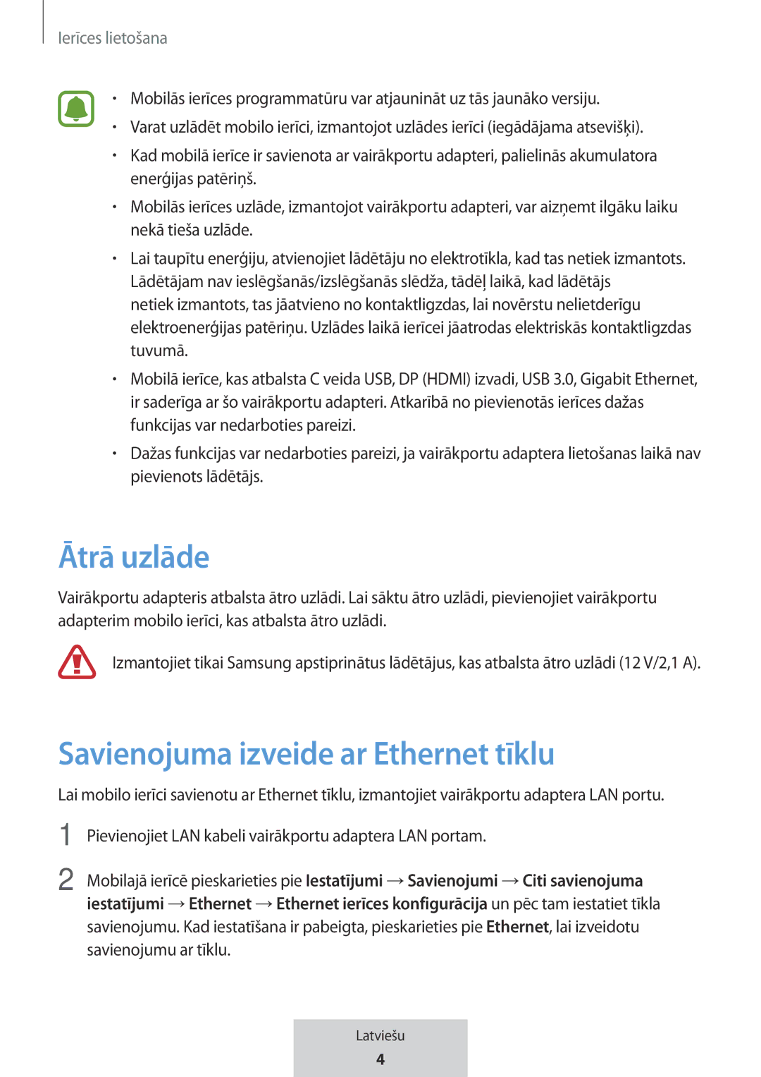 Samsung EE-P5000BBEGWW, EE-P5000BBRGRU manual Ātrā uzlāde, Savienojuma izveide ar Ethernet tīklu, Ierīces lietošana 