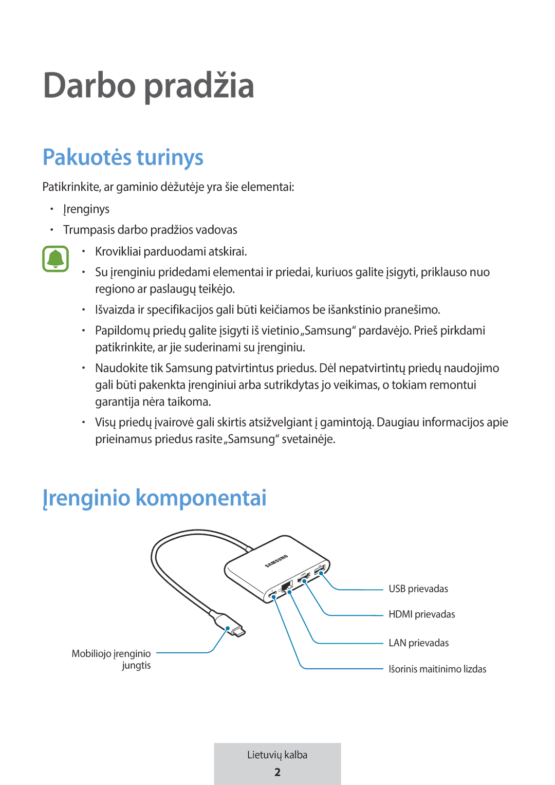 Samsung EE-P5000BBRGRU, EE-P5000BBEGWW manual Darbo pradžia, Pakuotės turinys, Įrenginio komponentai 