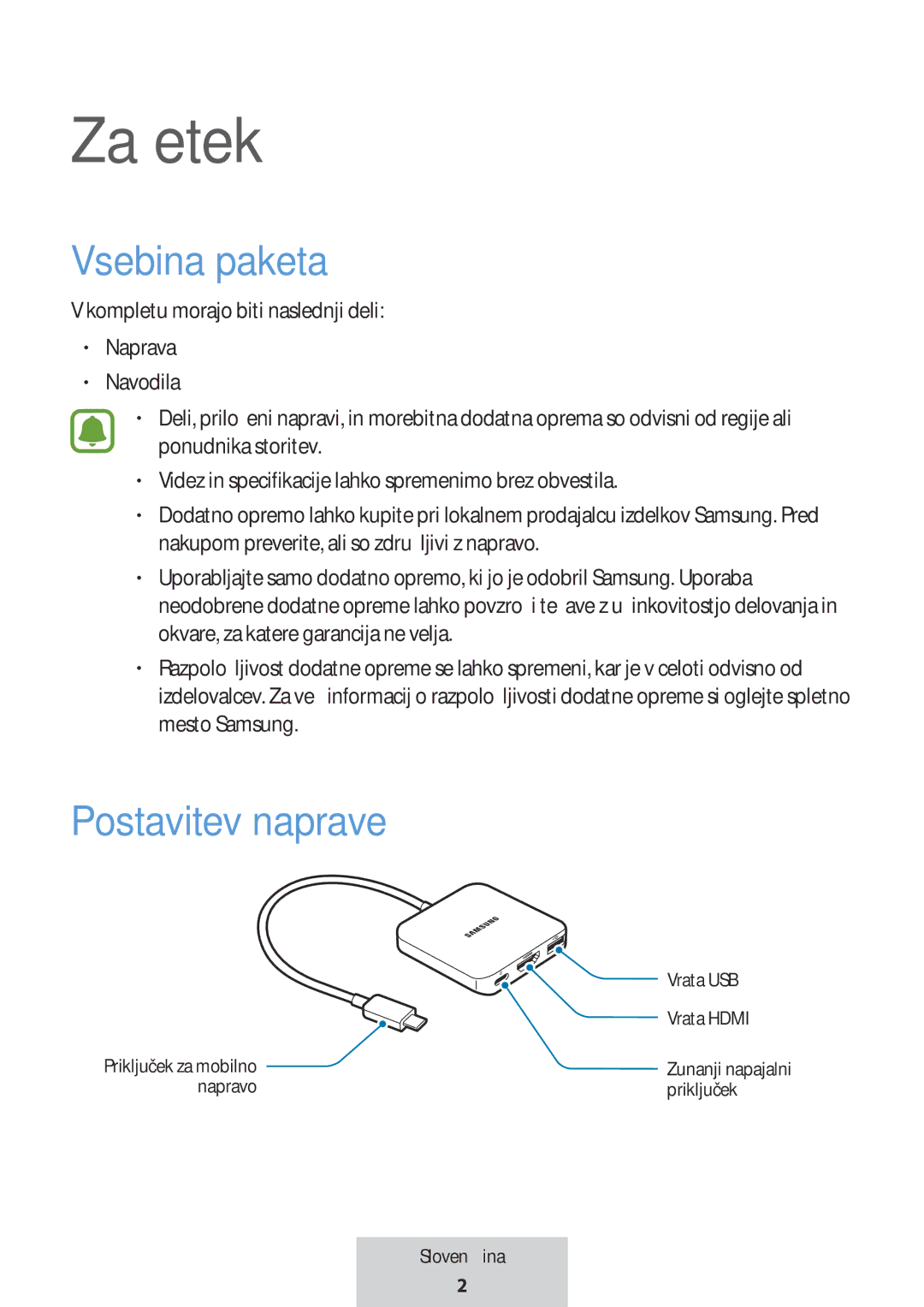 Samsung EE-PW700BBEGWW, EE-PW700BWEGWW manual Začetek, Vsebina paketa, Postavitev naprave 