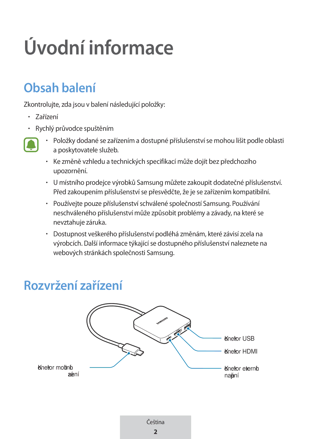 Samsung EE-PW700BWEGWW, EE-PW700BBEGWW manual Úvodní informace, Obsah balení, Rozvržení zařízení 