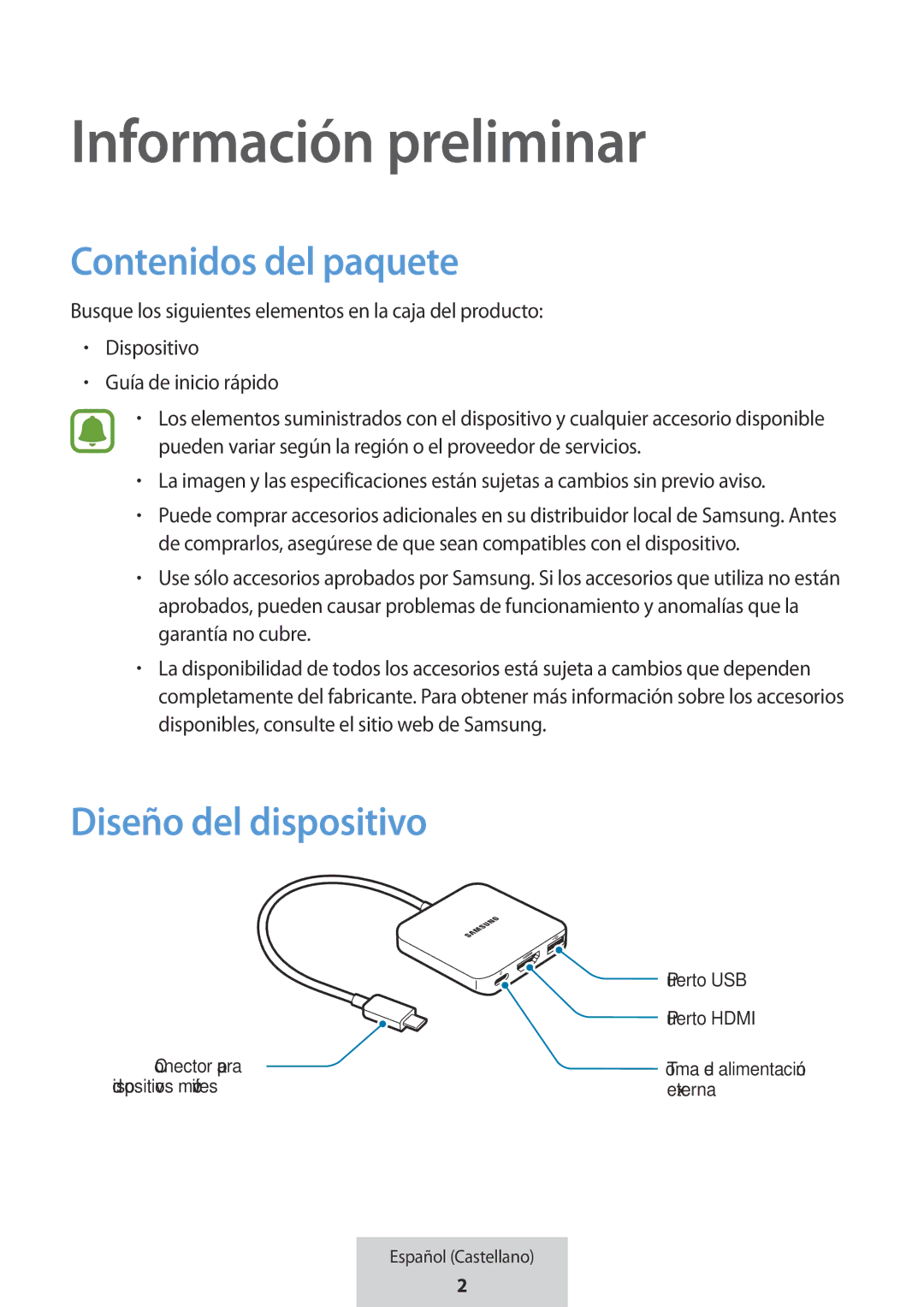 Samsung EE-PW700BBEGWW, EE-PW700BWEGWW manual Información preliminar, Contenidos del paquete 