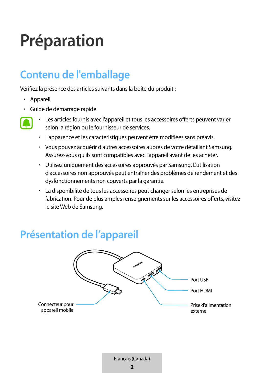 Samsung EE-PW700BWEGWW, EE-PW700BBEGWW manual Préparation, Contenu de lemballage, Présentation de l’appareil 