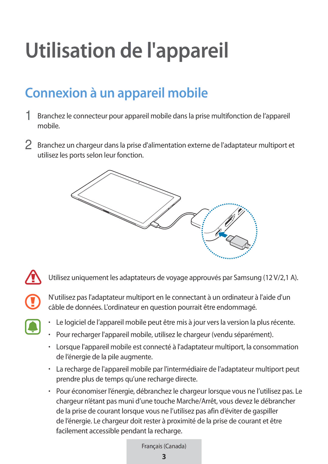 Samsung EE-PW700BBEGWW, EE-PW700BWEGWW manual Utilisation de lappareil, Utilisez les ports selon leur fonction 