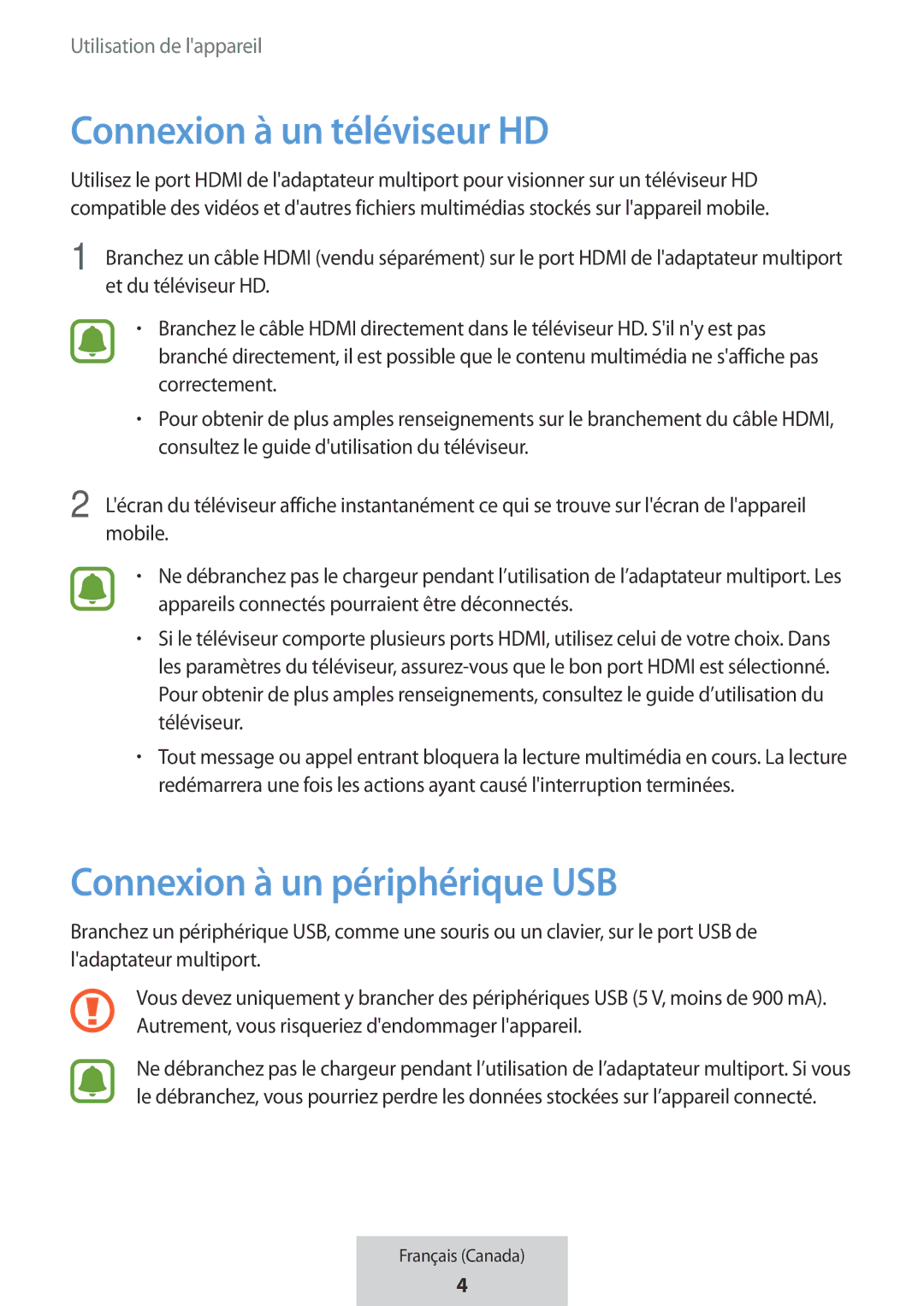 Samsung EE-PW700BWEGWW, EE-PW700BBEGWW manual Connexion à un téléviseur HD, Connexion à un périphérique USB 