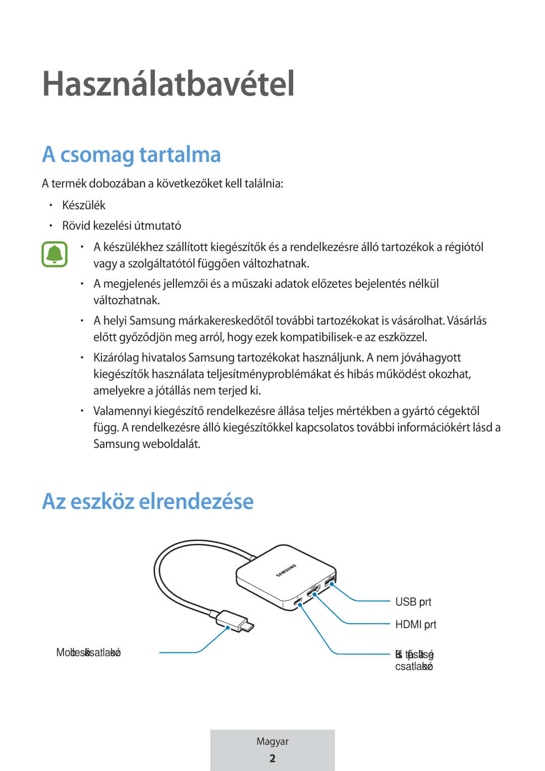 Samsung EE-PW700BWEGWW, EE-PW700BBEGWW manual Használatbavétel, Csomag tartalma, Az eszköz elrendezése 