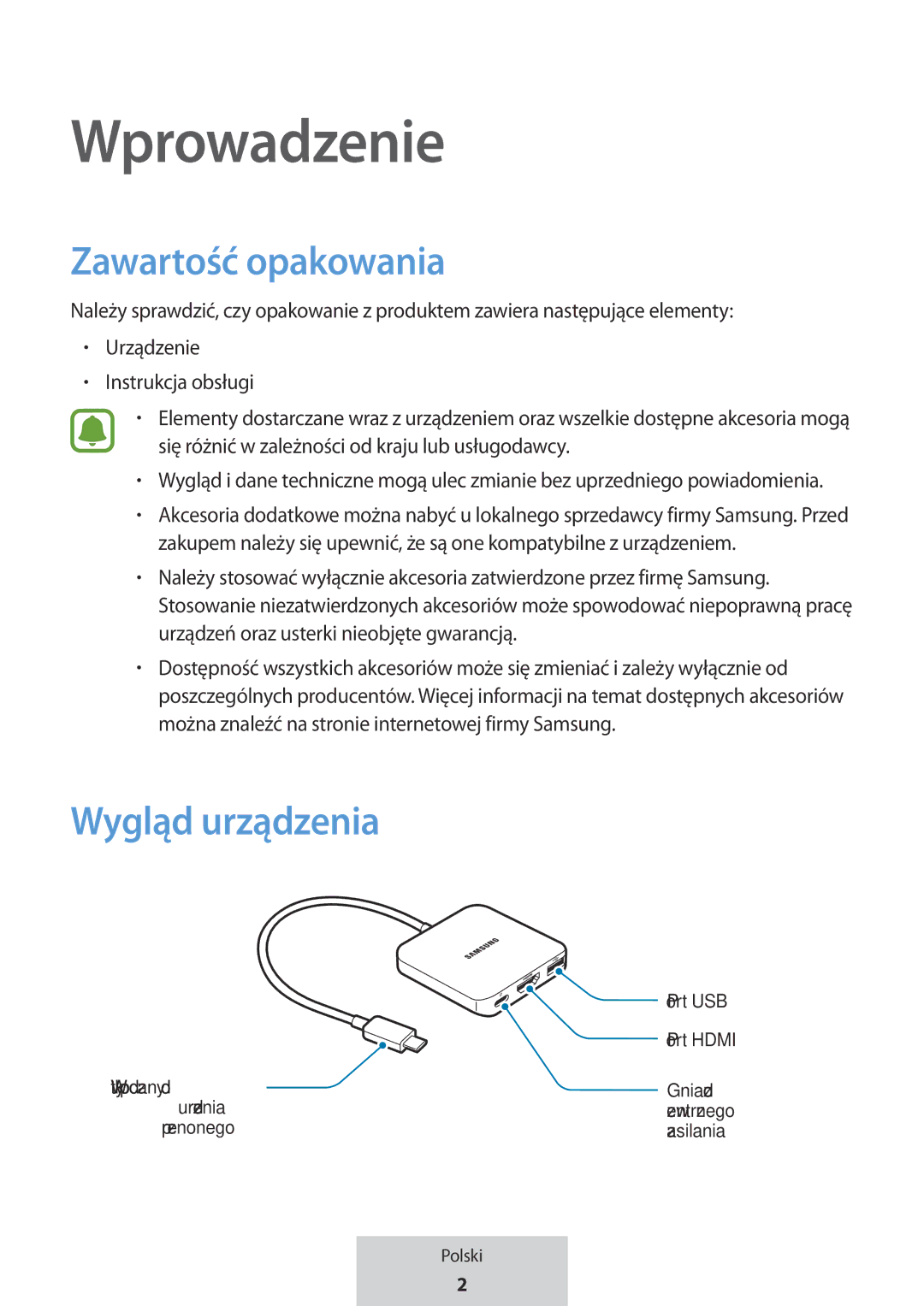 Samsung EE-PW700BBEGWW, EE-PW700BWEGWW manual Wprowadzenie, Zawartość opakowania, Wygląd urządzenia 