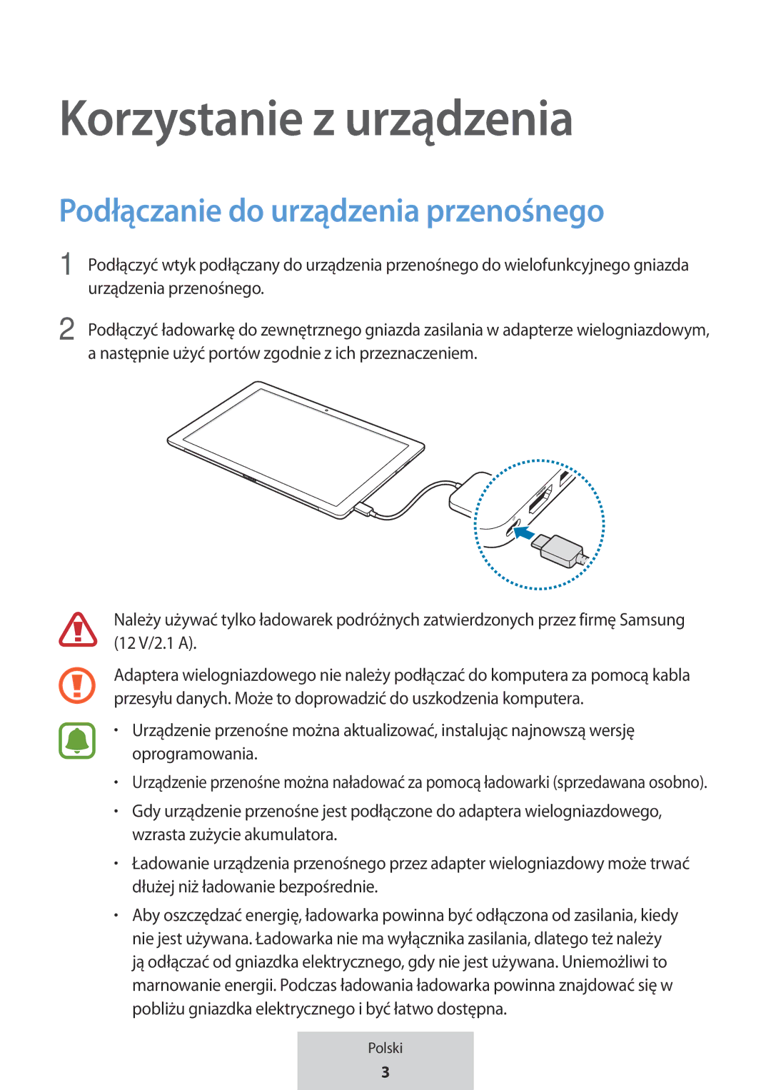 Samsung EE-PW700BWEGWW, EE-PW700BBEGWW manual Korzystanie z urządzenia, Podłączanie do urządzenia przenośnego 