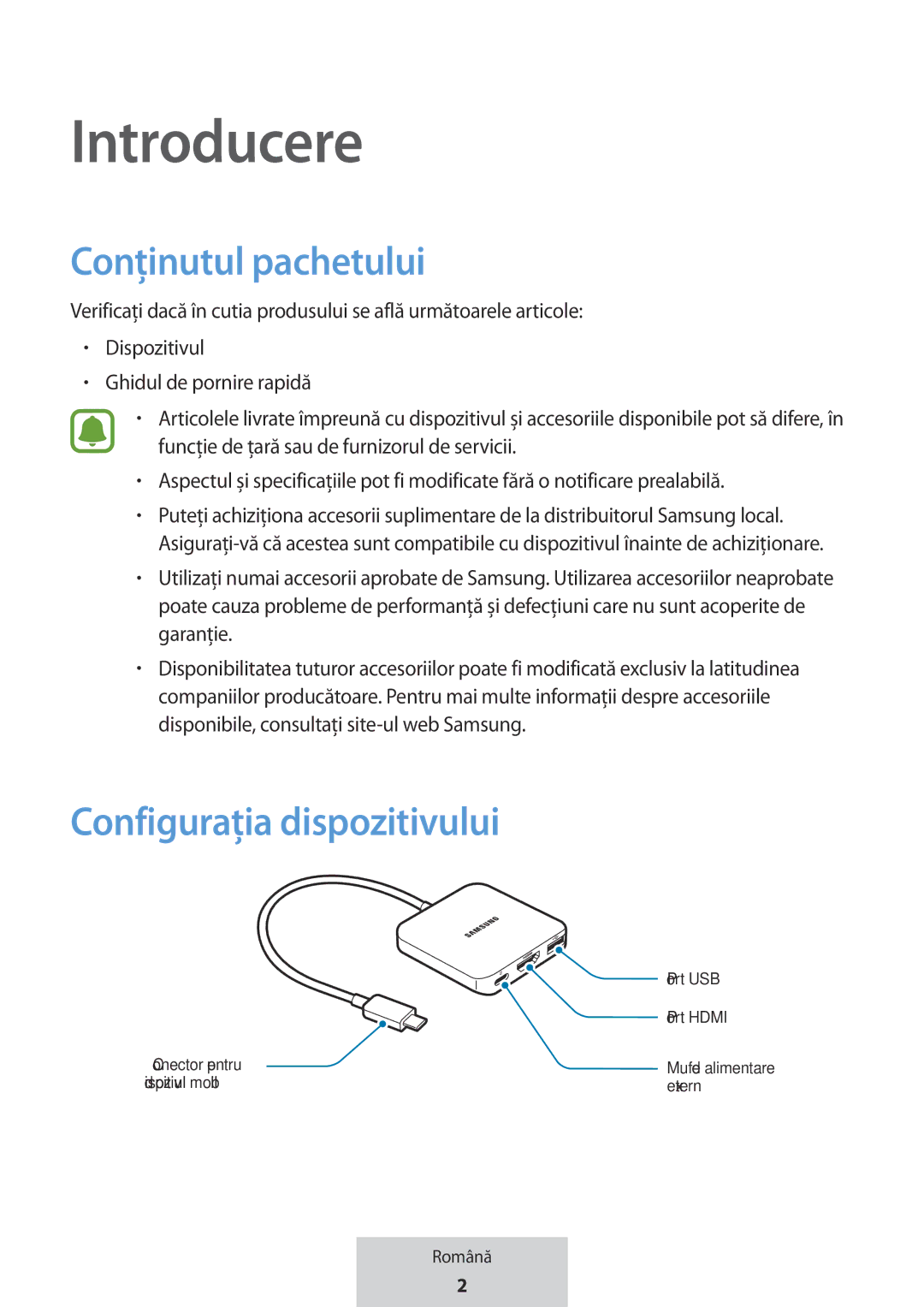 Samsung EE-PW700BWEGWW, EE-PW700BBEGWW manual Introducere, Conținutul pachetului, Configurația dispozitivului 