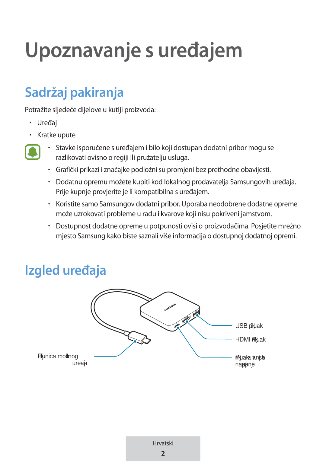 Samsung EE-PW700BWEGWW, EE-PW700BBEGWW manual Upoznavanje s uređajem, Sadržaj pakiranja, Izgled uređaja 