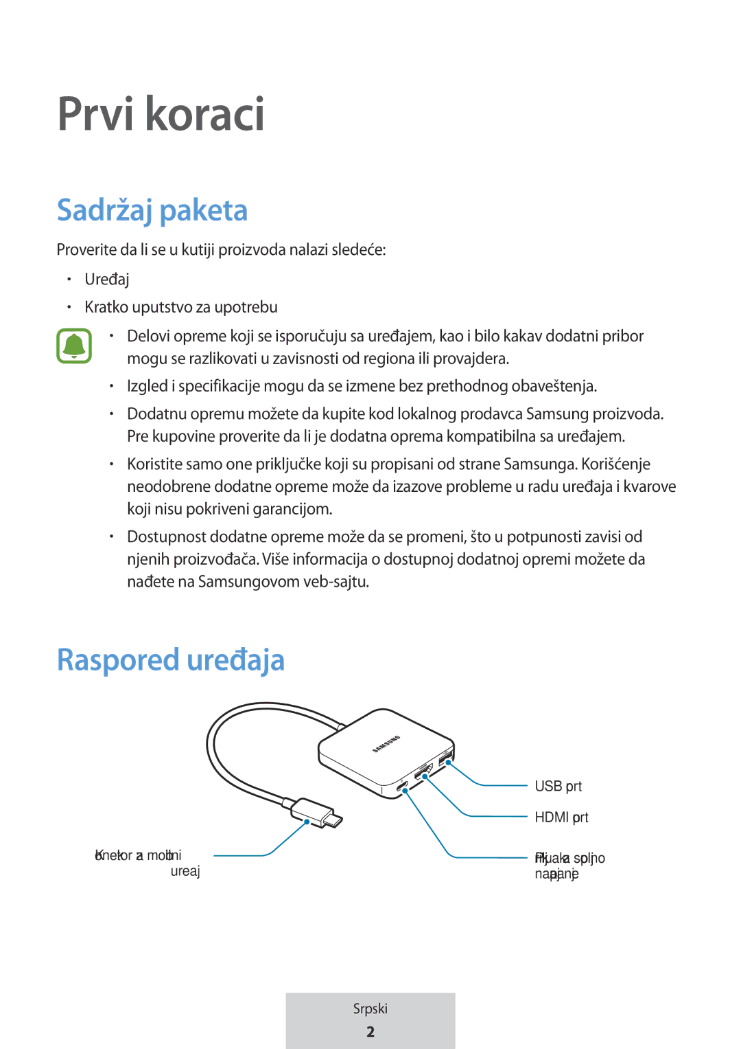 Samsung EE-PW700BBEGWW, EE-PW700BWEGWW manual Prvi koraci, Sadržaj paketa, Raspored uređaja 