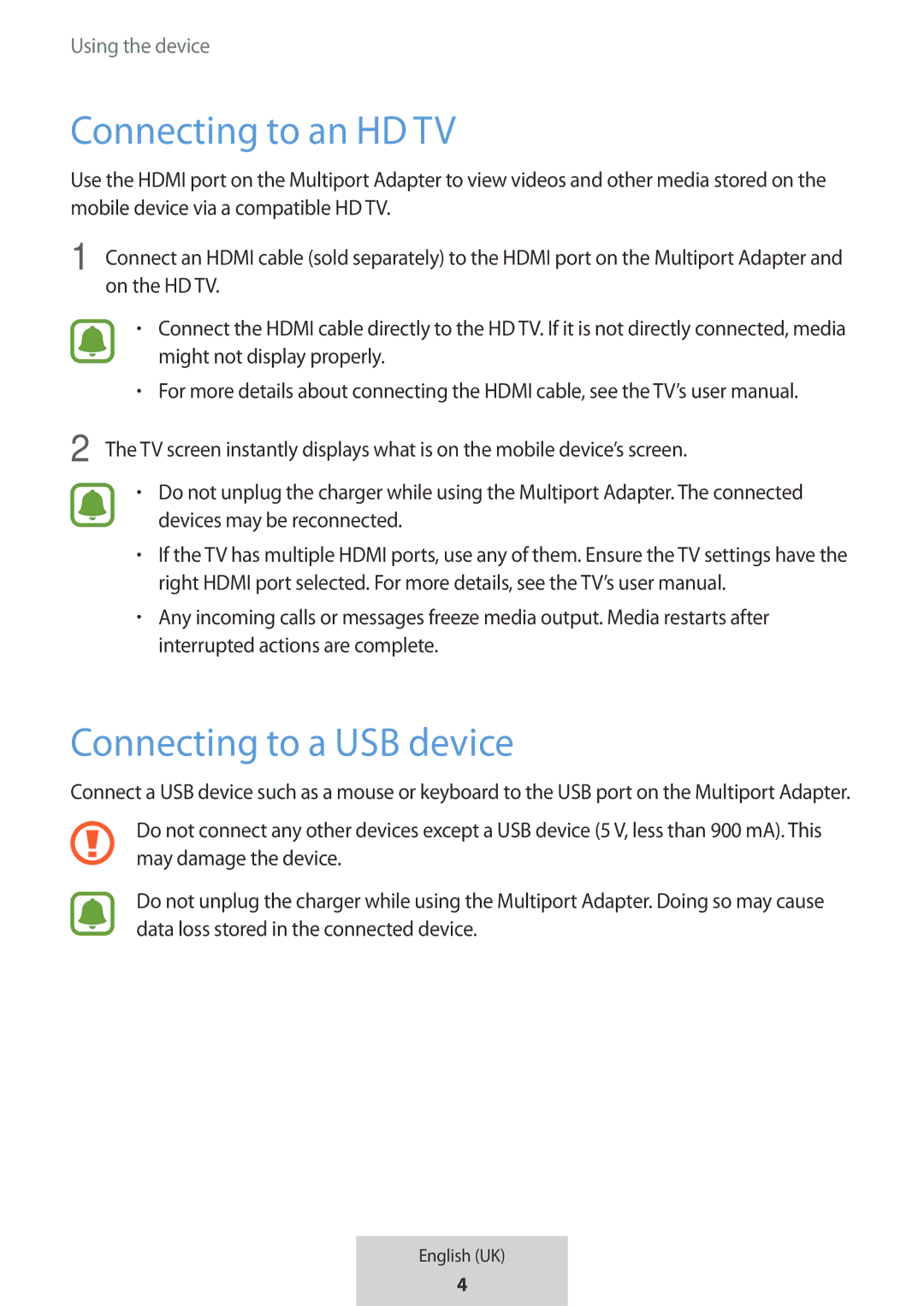 Samsung EE-PW700BBEGWW, EE-PW700BWEGWW manual Connecting to an HD TV, Connecting to a USB device 