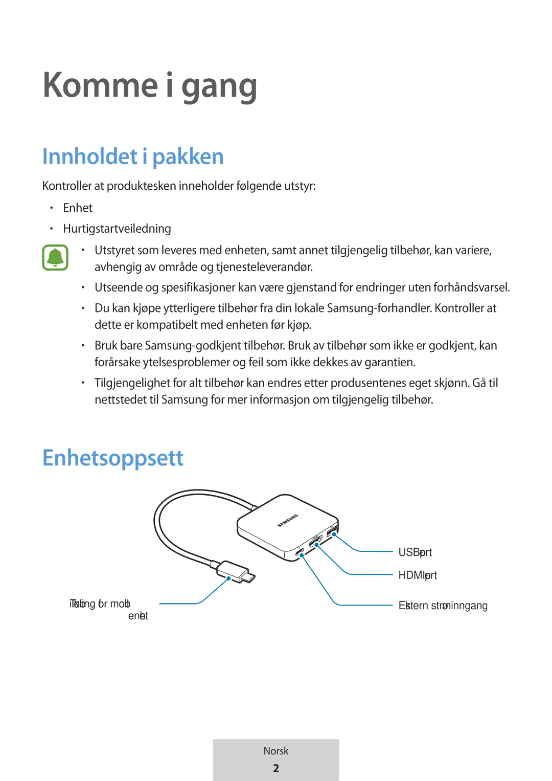 Samsung EE-PW700BWEGWW, EE-PW700BBEGWW manual Komme i gang, Innholdet i pakken, Enhetsoppsett 