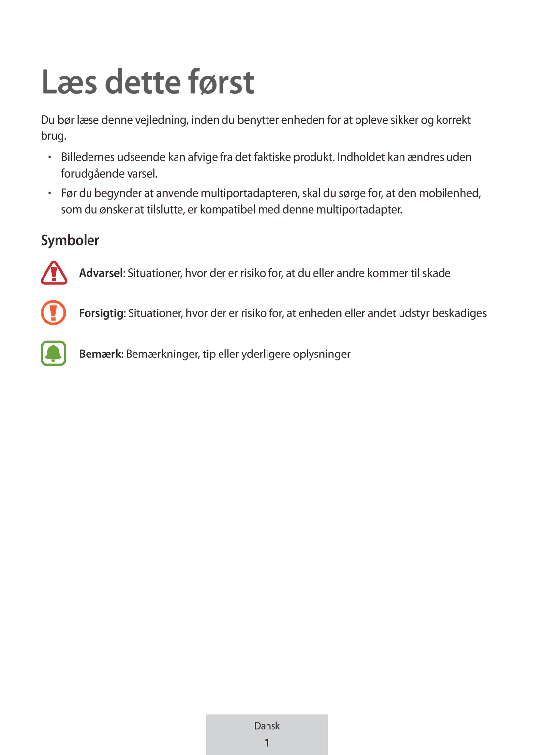 Samsung EE-PW700BBEGWW, EE-PW700BWEGWW manual Læs dette først, Symboler 