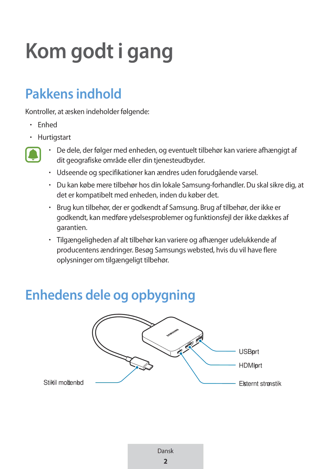 Samsung EE-PW700BWEGWW, EE-PW700BBEGWW manual Kom godt i gang, Pakkens indhold, Enhedens dele og opbygning 