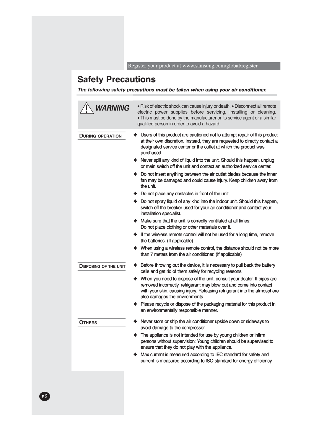 Samsung EH035CAV, EH070CAV, EH052CAV, UH070CAV, UH052CAV, UH035CAV user manual Safety Precautions 