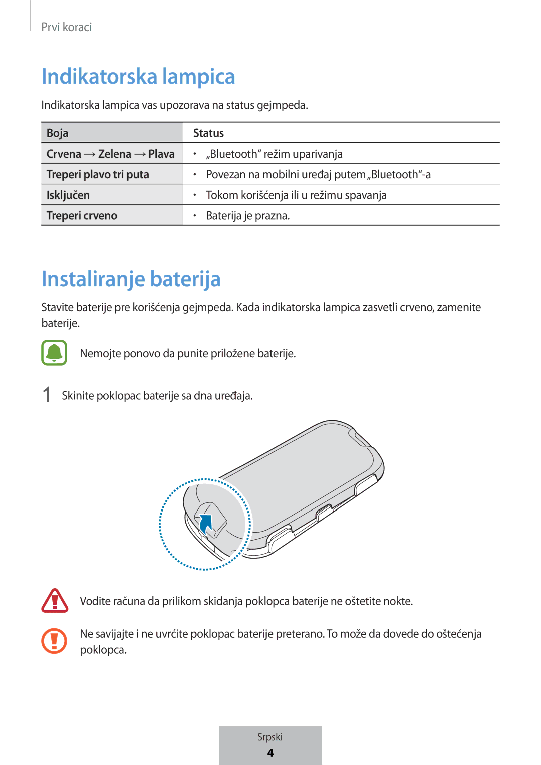 Samsung EI-YP322BBEGWW manual Indikatorska lampica, Instaliranje baterija 