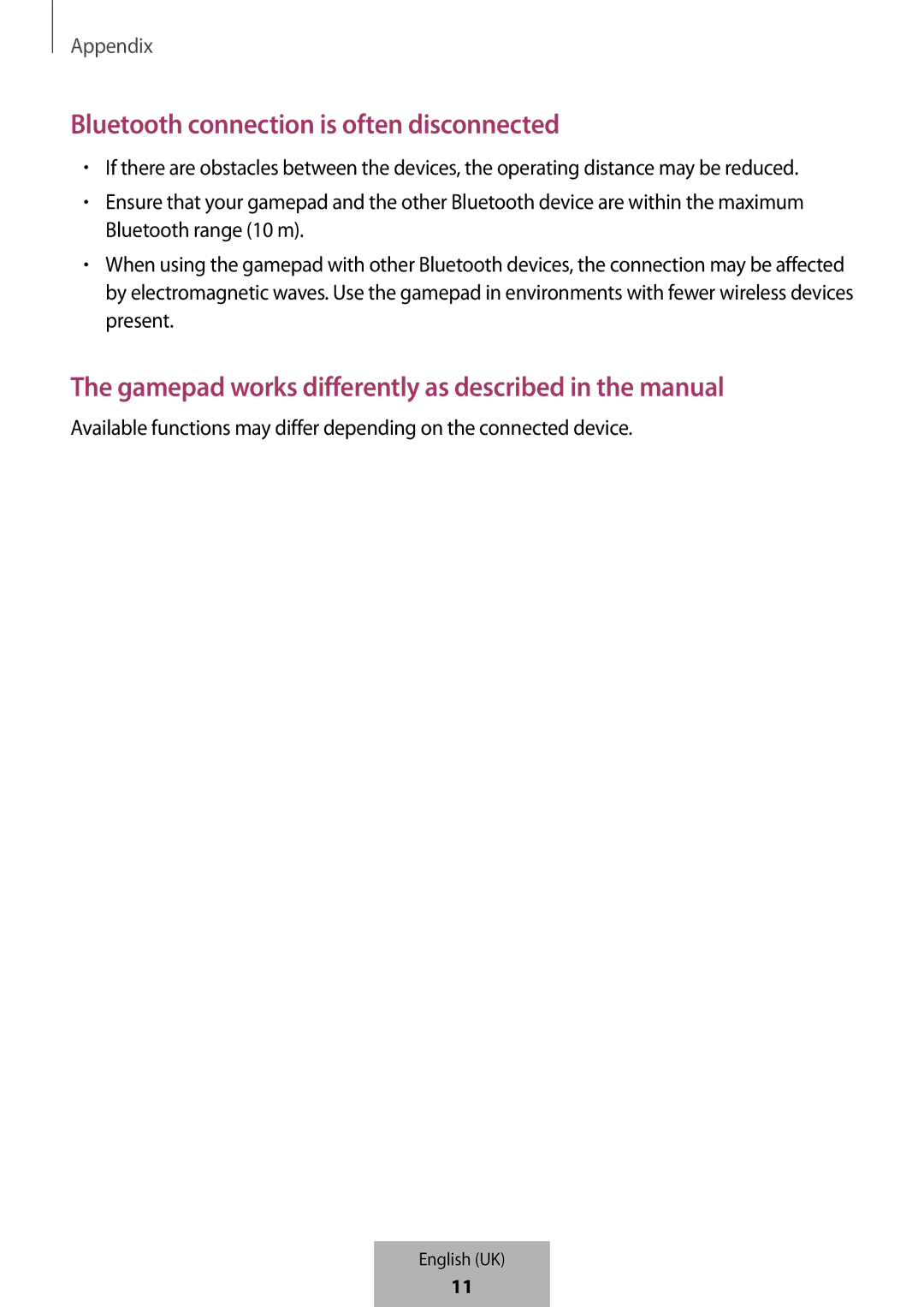 Samsung EI-YP322BBEGWW Bluetooth connection is often disconnected, Gamepad works differently as described in the manual 