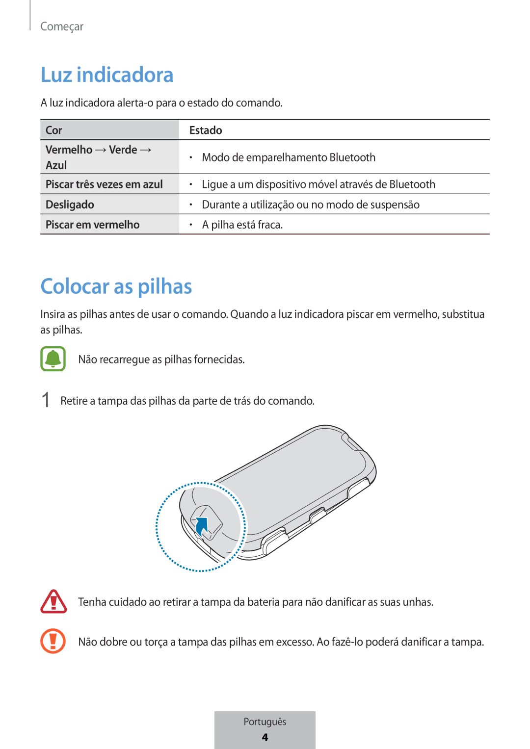 Samsung EI-YP322BBEGWW manual Luz indicadora, Colocar as pilhas, Piscar três vezes em azul 