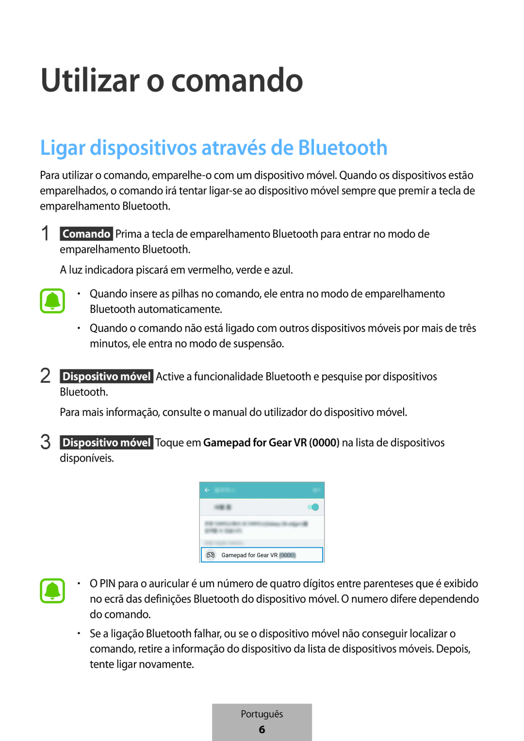 Samsung EI-YP322BBEGWW manual Utilizar o comando, Ligar dispositivos através de Bluetooth 