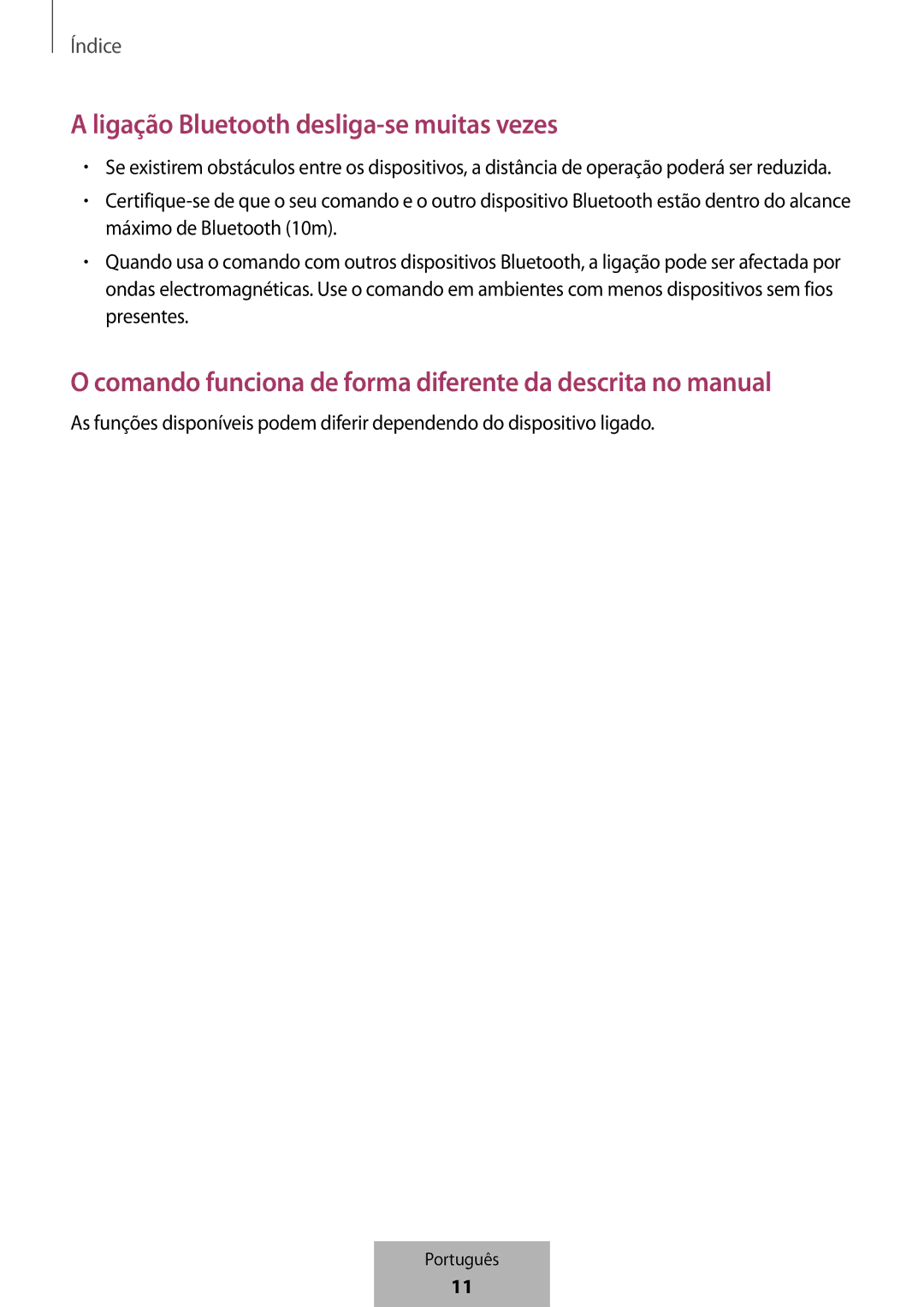 Samsung EI-YP322BBEGWW manual Ligação Bluetooth desliga-se muitas vezes 